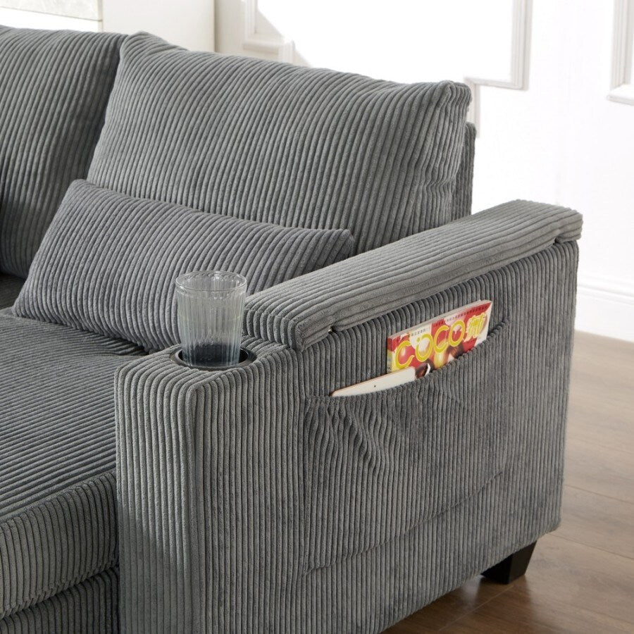 Canapé-lit convertible en velours côtelé de 63 pouces avec ports USB, deux porte-gobelets et un support pour téléphone pour le salon