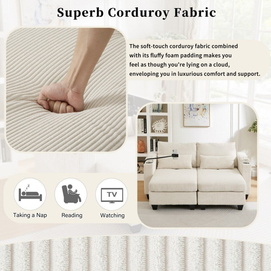 Canapé-lit convertible en velours côtelé de 63 pouces avec ports USB, deux porte-gobelets et un support pour téléphone pour le salon