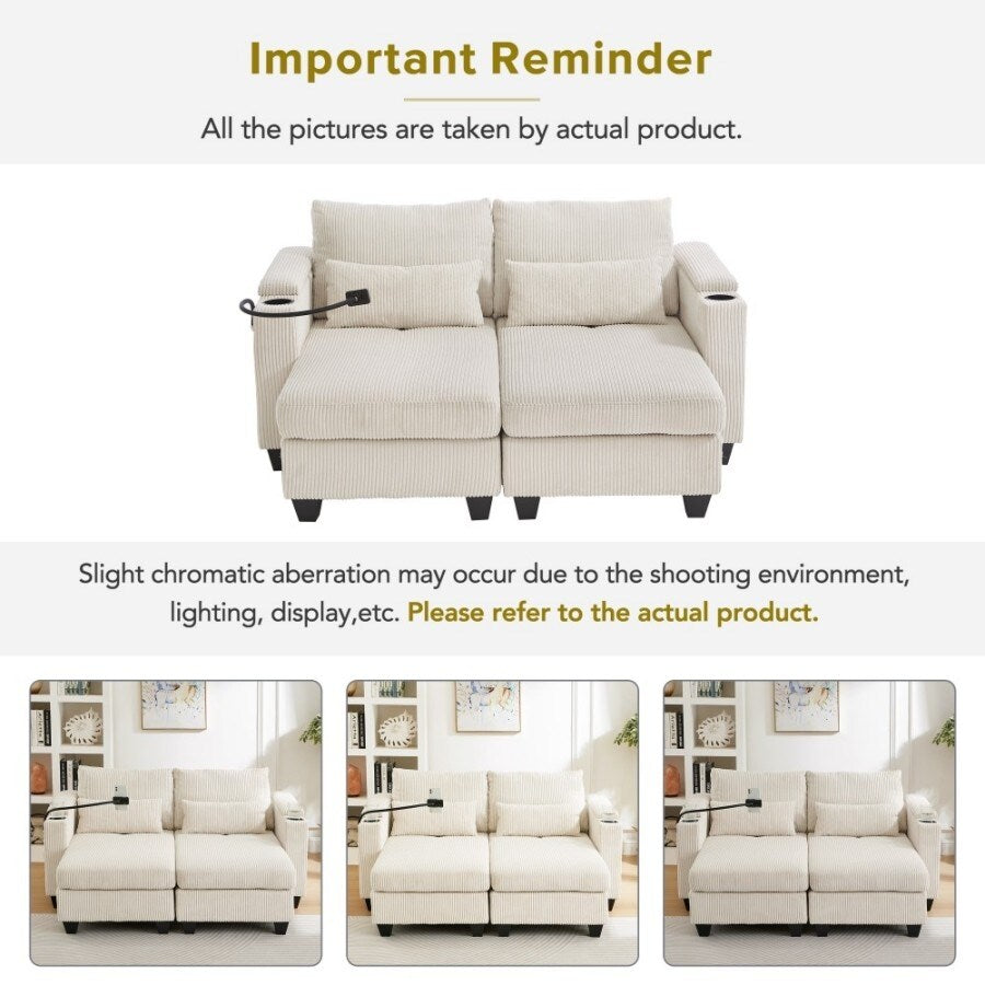 Canapé-lit convertible en velours côtelé de 63 pouces avec ports USB, deux porte-gobelets et un support pour téléphone pour le salon