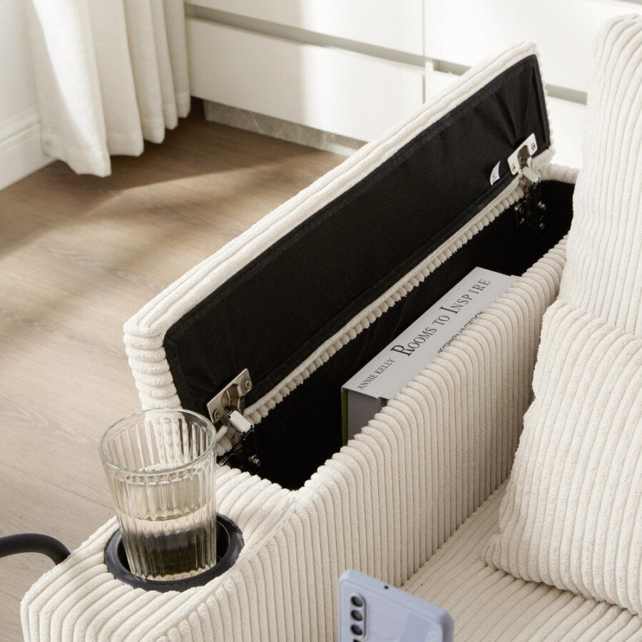 Canapé-lit convertible en velours côtelé de 63 pouces avec ports USB, deux porte-gobelets et un support pour téléphone pour le salon