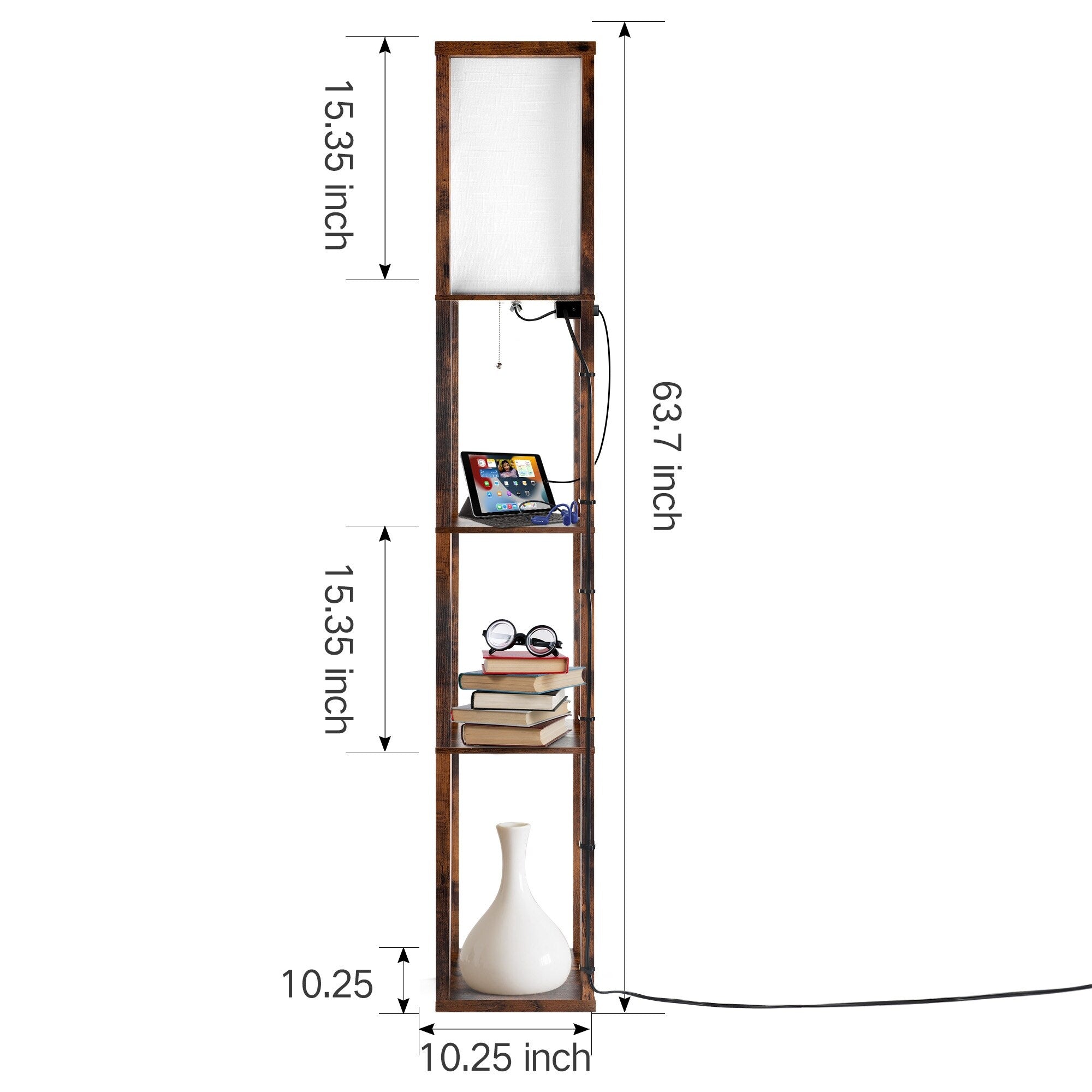 Lampadaire 63 avec étagères - Luminaire de salon avec étagères de rangement en bois