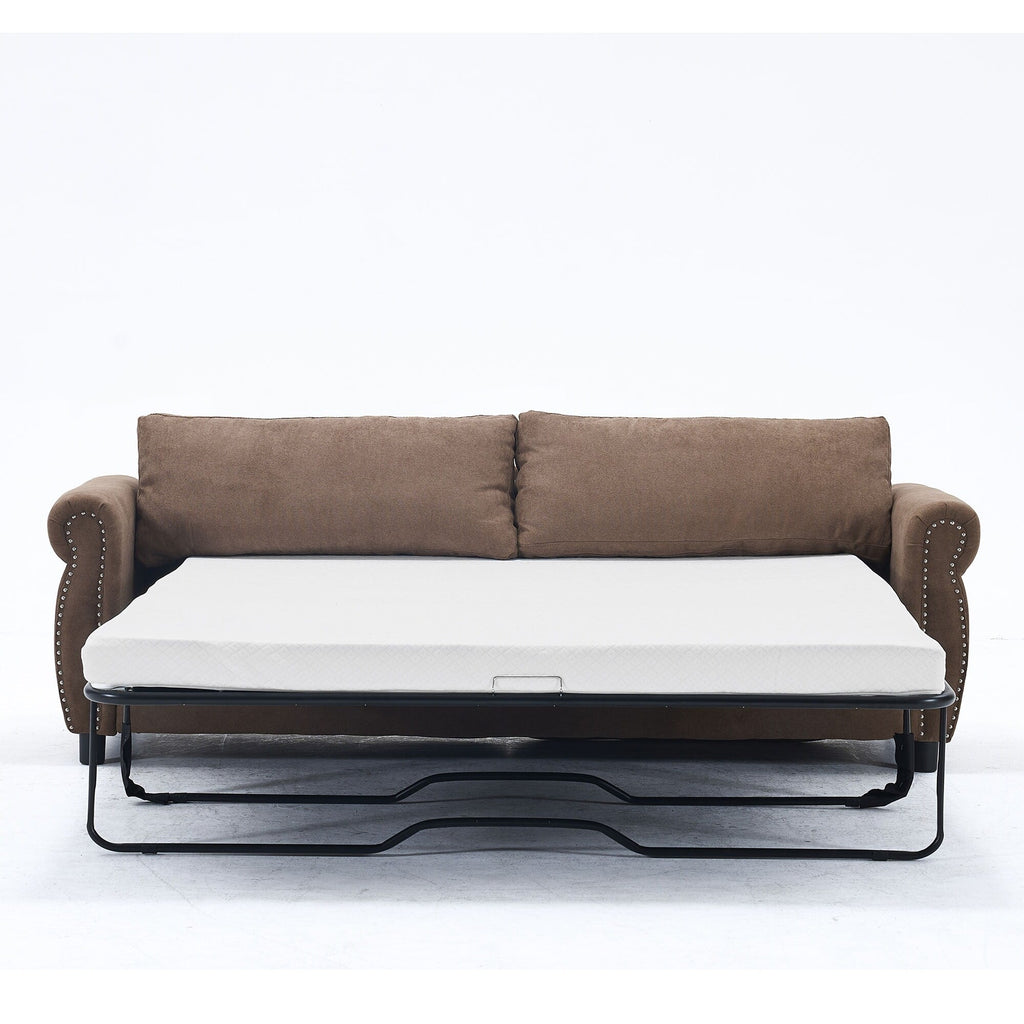 Canapé-lit 3 places en polyester 63 avec matelas gigogne et accoudoirs à rivets rétro