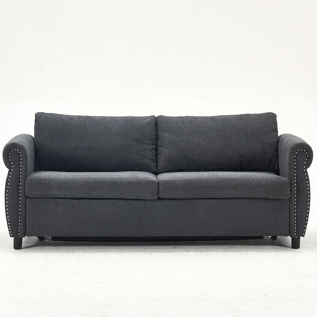 Canapé-lit 3 places en polyester 63 avec matelas gigogne et accoudoirs à rivets rétro