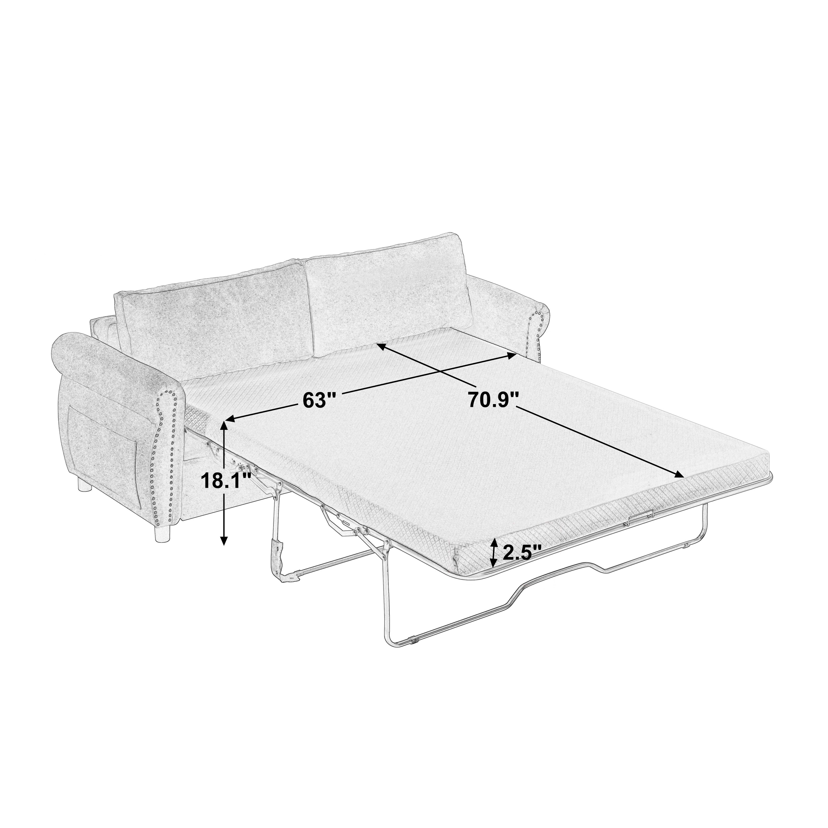 Canapé-lit 3 places en polyester 63 avec matelas gigogne et accoudoirs à rivets rétro