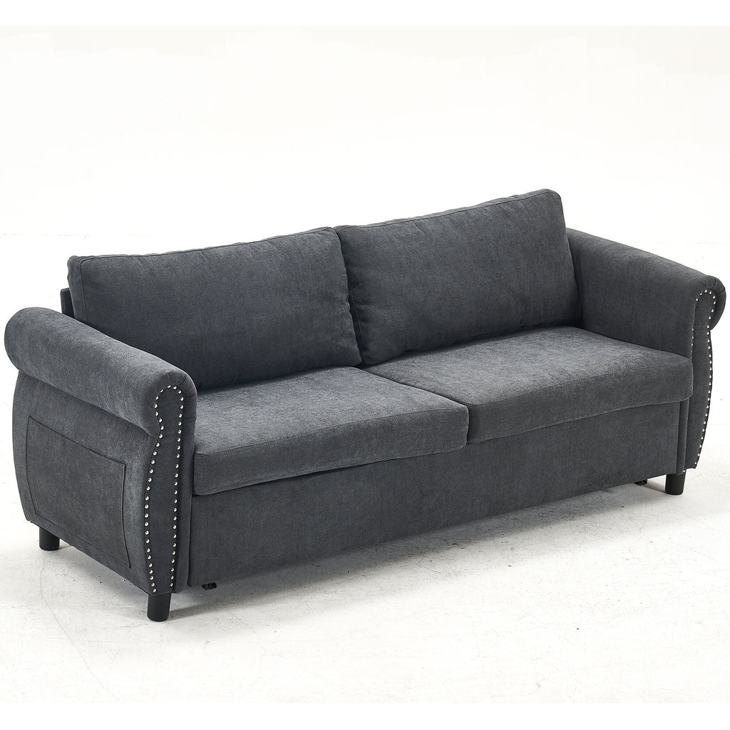 Canapé-lit 3 places en polyester 63 avec matelas gigogne et accoudoirs à rivets rétro