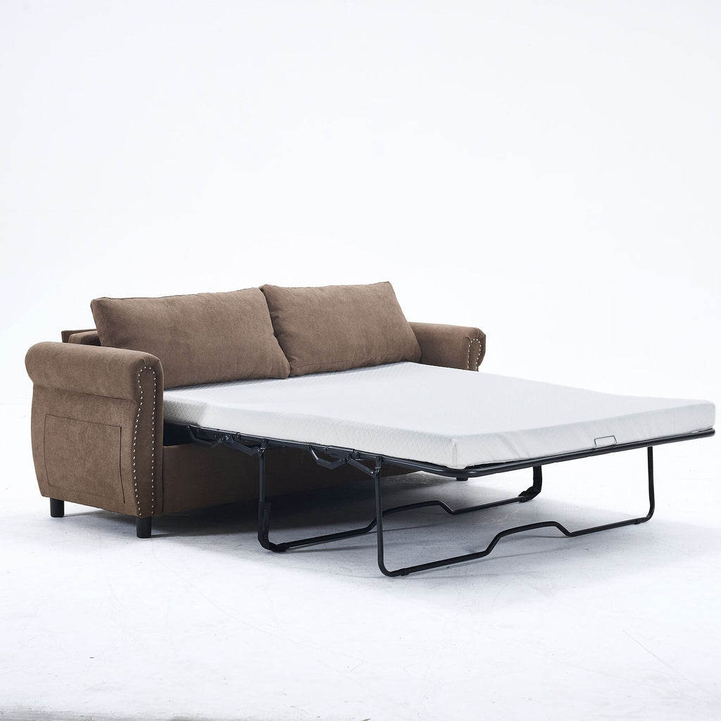 Canapé-lit 3 places en polyester 63 avec matelas gigogne et accoudoirs à rivets rétro