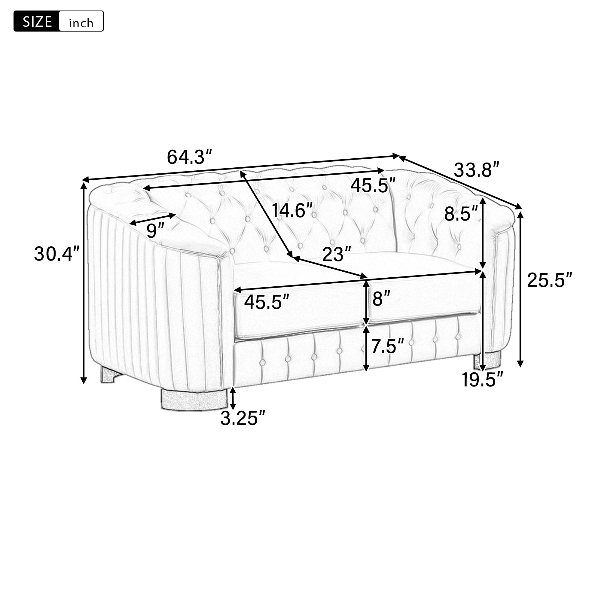 Canapé causeuse rembourré en velours 64,3 pouces, canapé causeuse moderne avec coussin d'assise épais et amovible, canapé causeuse 2 places