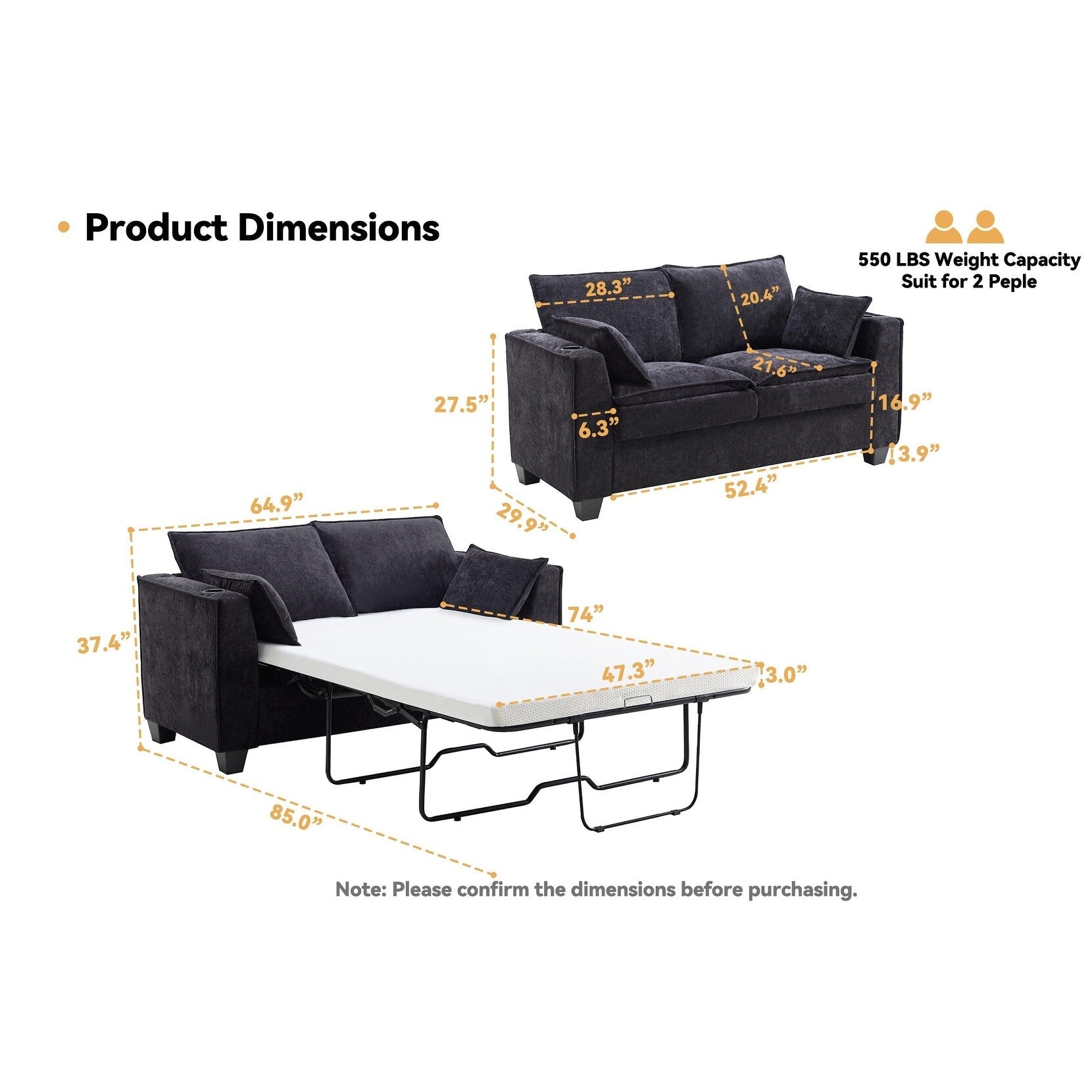 Canapé-lit 2 places en chenille 64,9 cm avec surmatelas en mousse à mémoire de forme - Cadre de lit à lattes en bois massif, 2 porte-gobelets