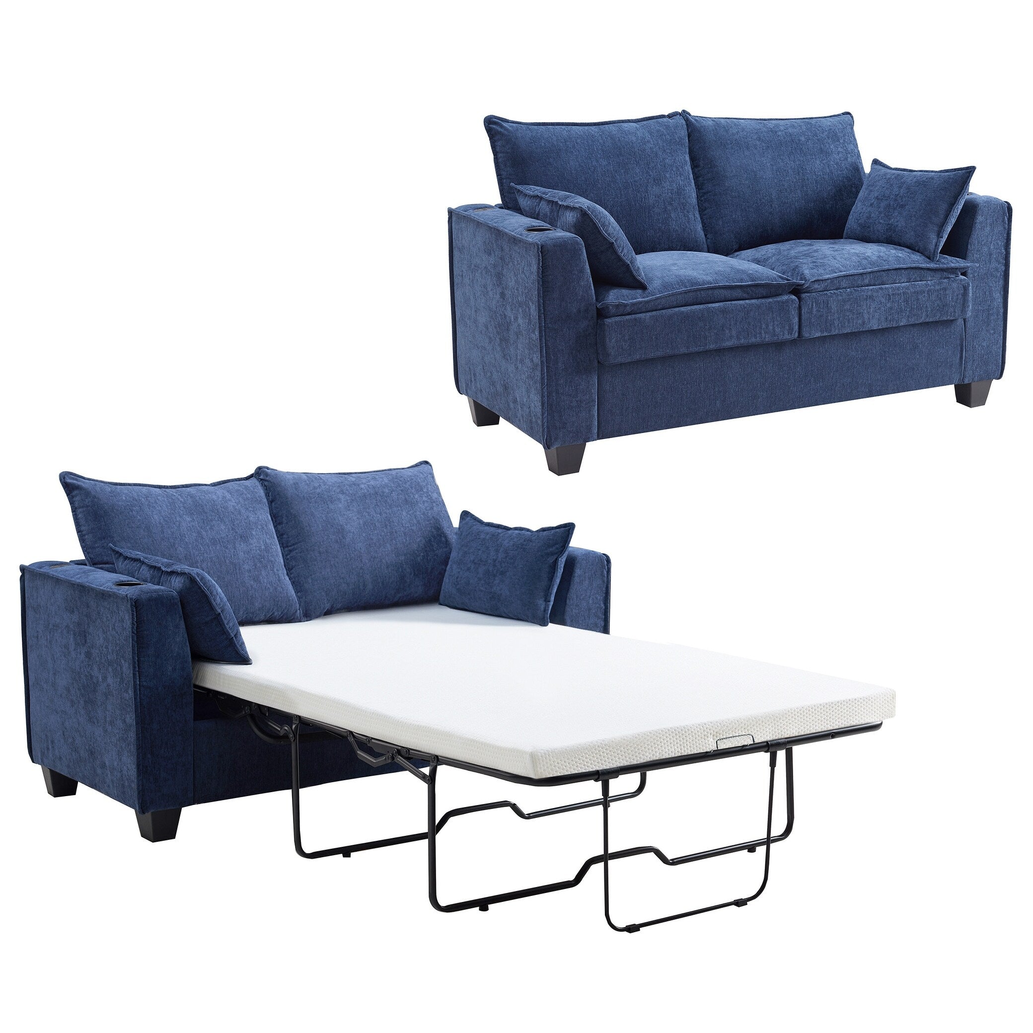 Canapé-lit 2 places en chenille 64,9 cm avec surmatelas en mousse à mémoire de forme - Cadre de lit à lattes en bois massif, 2 porte-gobelets