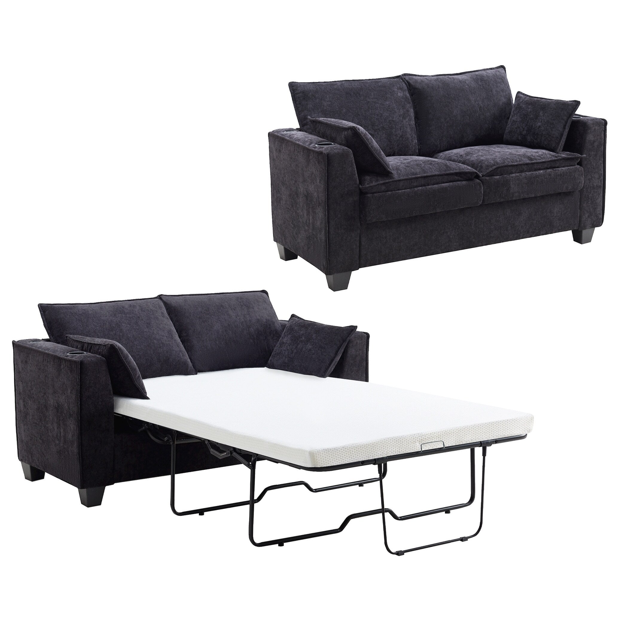 Canapé-lit 2 places en chenille 64,9 cm avec surmatelas en mousse à mémoire de forme - Cadre de lit à lattes en bois massif, 2 porte-gobelets