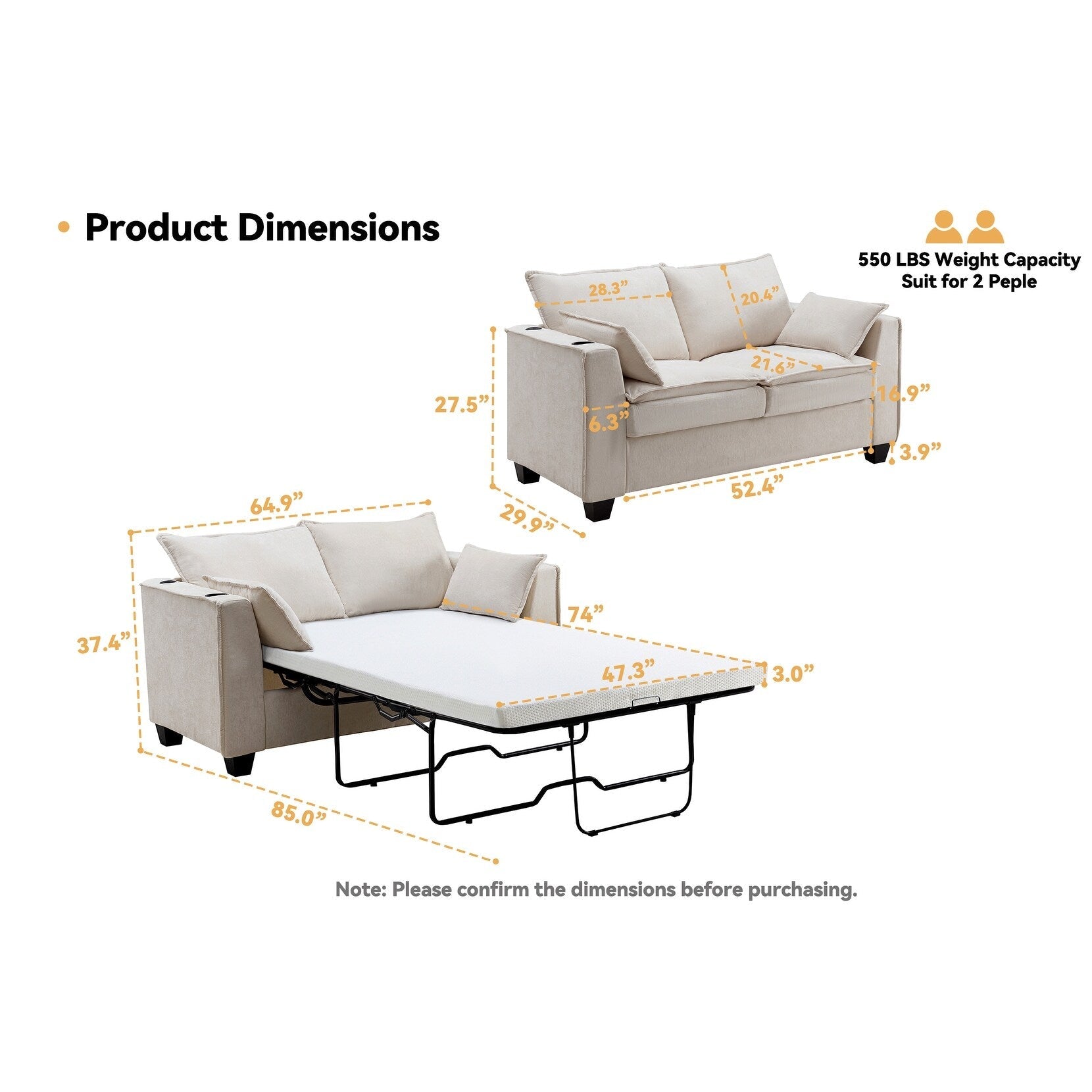 Canapé-lit 2 places en chenille 64,9 cm avec surmatelas en mousse à mémoire de forme - Cadre de lit à lattes en bois massif, 2 porte-gobelets