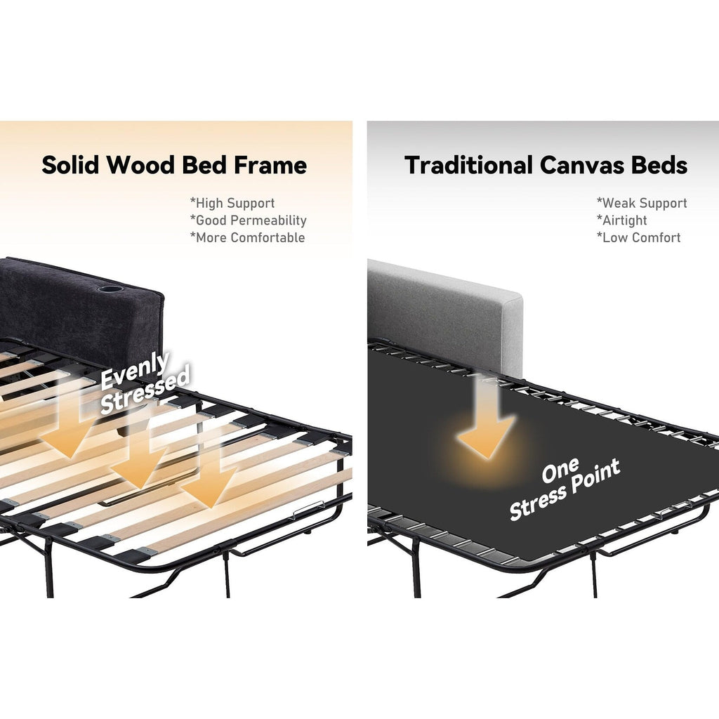 Canapé-lit 2 places en chenille 64,9 cm avec surmatelas en mousse à mémoire de forme - Cadre de lit à lattes en bois massif, 2 porte-gobelets
