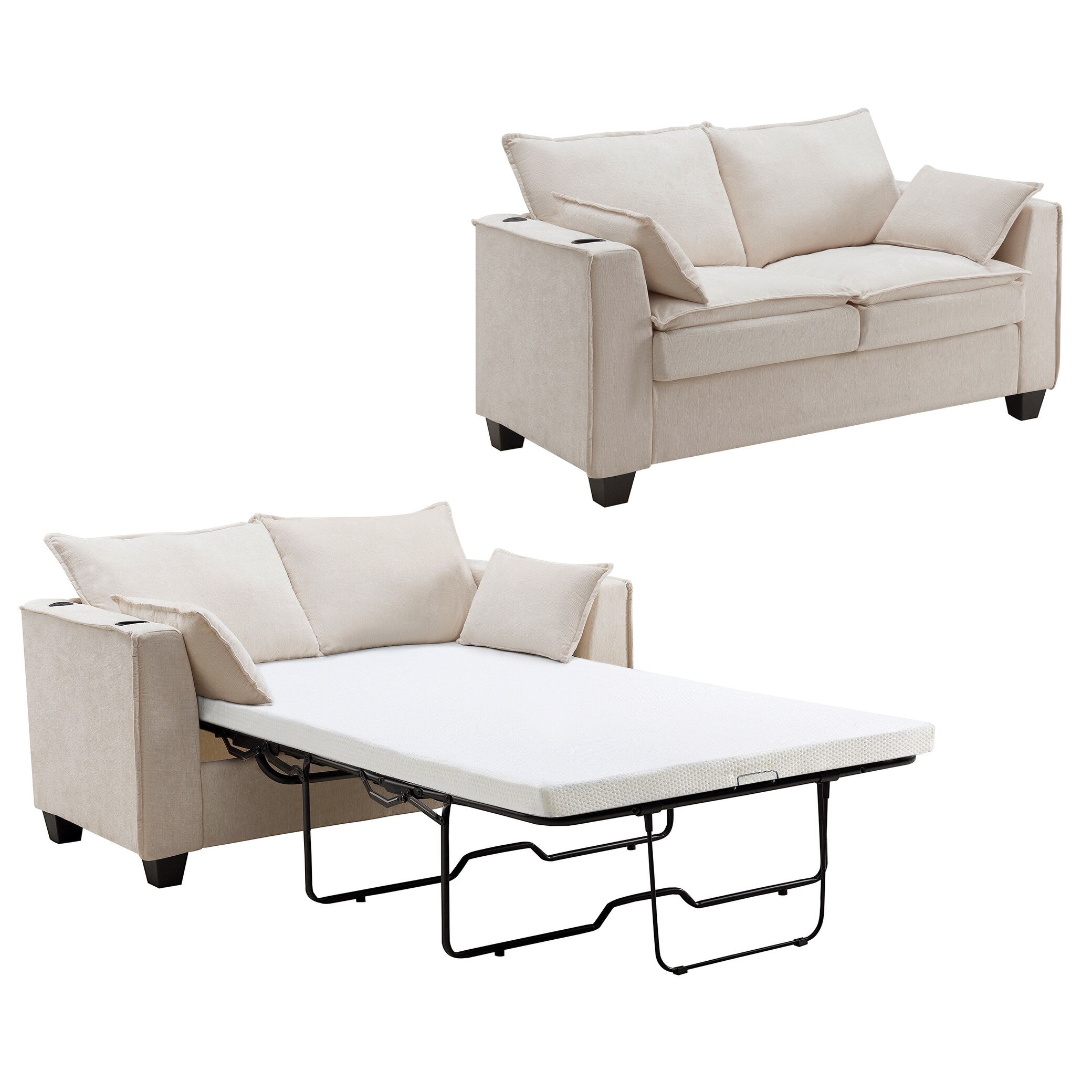 Canapé-lit 2 places en chenille 64,9 cm avec surmatelas en mousse à mémoire de forme - Cadre de lit à lattes en bois massif, 2 porte-gobelets