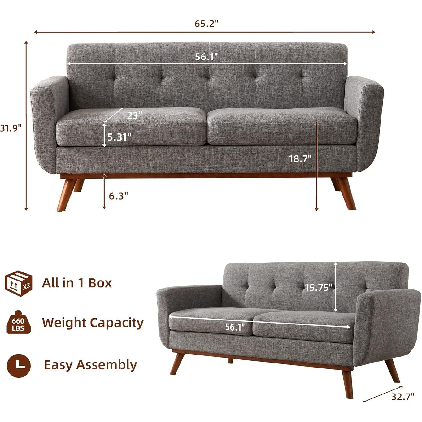 Canapé d'angle capitonné style Mid-Century 65,2 po pour salon et chambre, montage facile (beige)