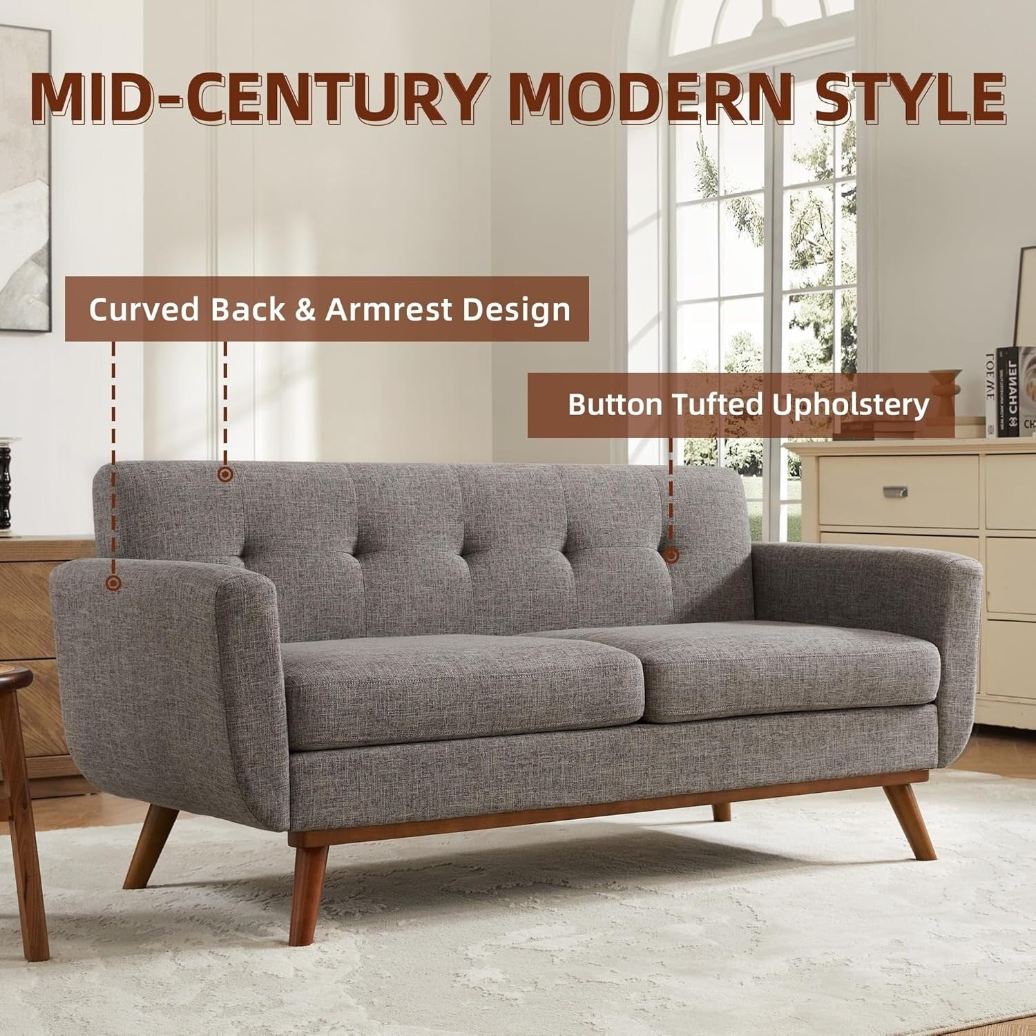 Canapé d'angle capitonné style Mid-Century 65,2 po pour salon et chambre, montage facile (beige)