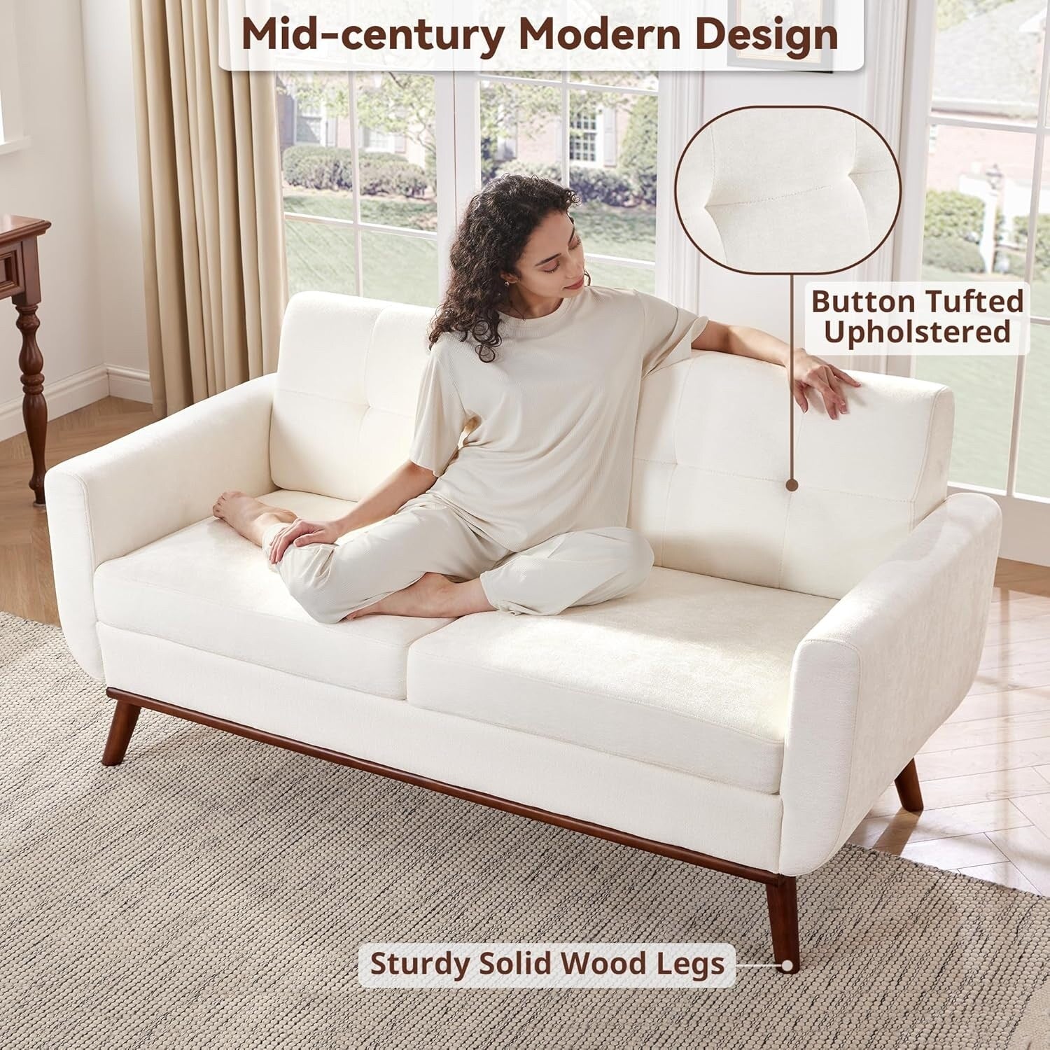 Canapé d'angle capitonné style Mid-Century 65,2 po pour salon et chambre, montage facile (beige)