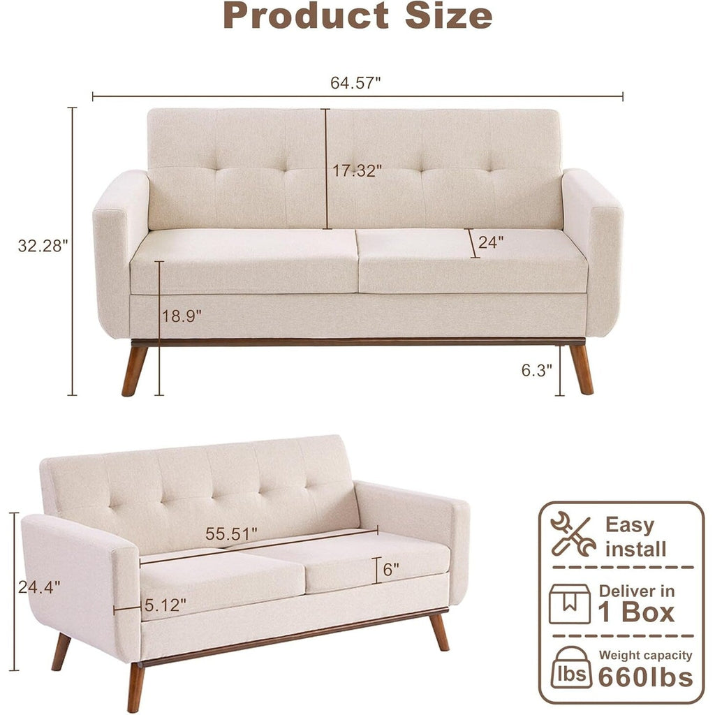 Canapé d'angle capitonné style Mid-Century 65,2 po pour salon et chambre, montage facile (beige)
