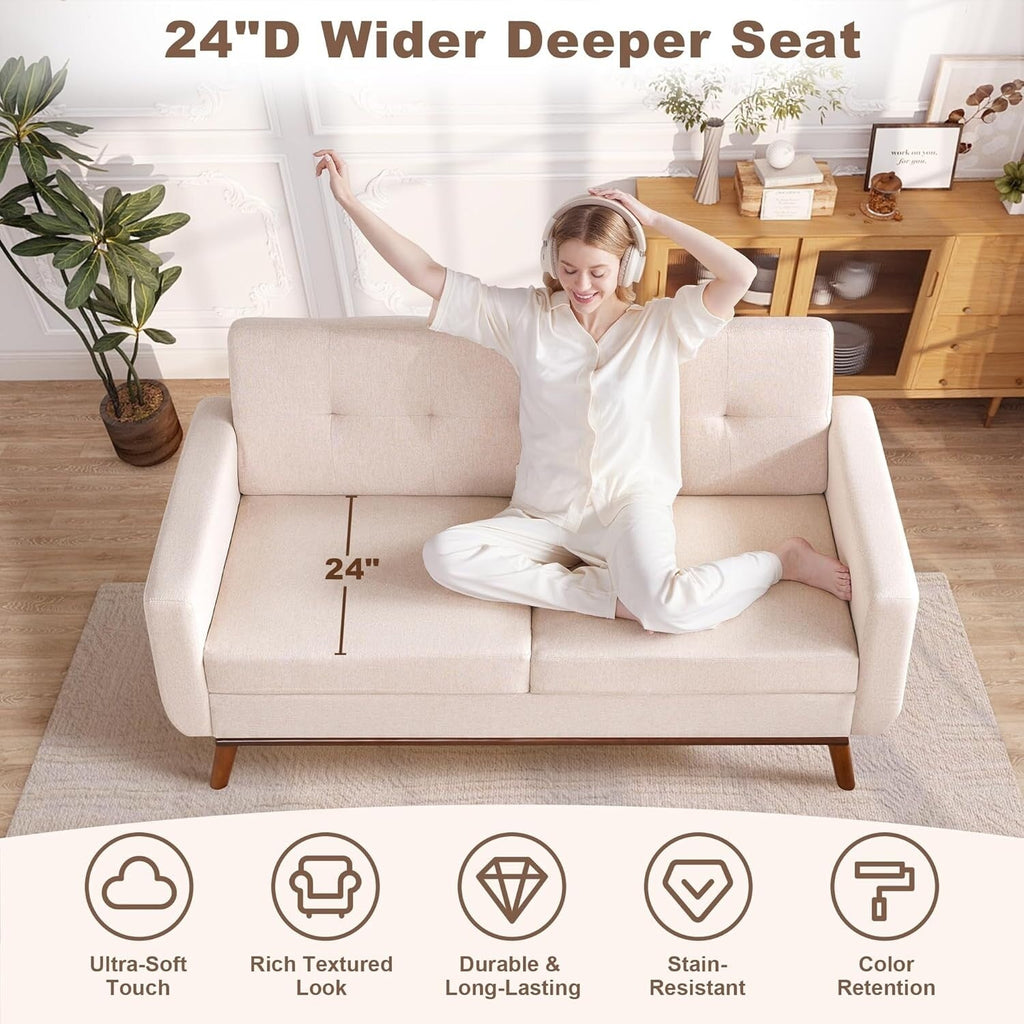 Canapé d'angle capitonné style Mid-Century 65,2 po pour salon et chambre, montage facile (beige)