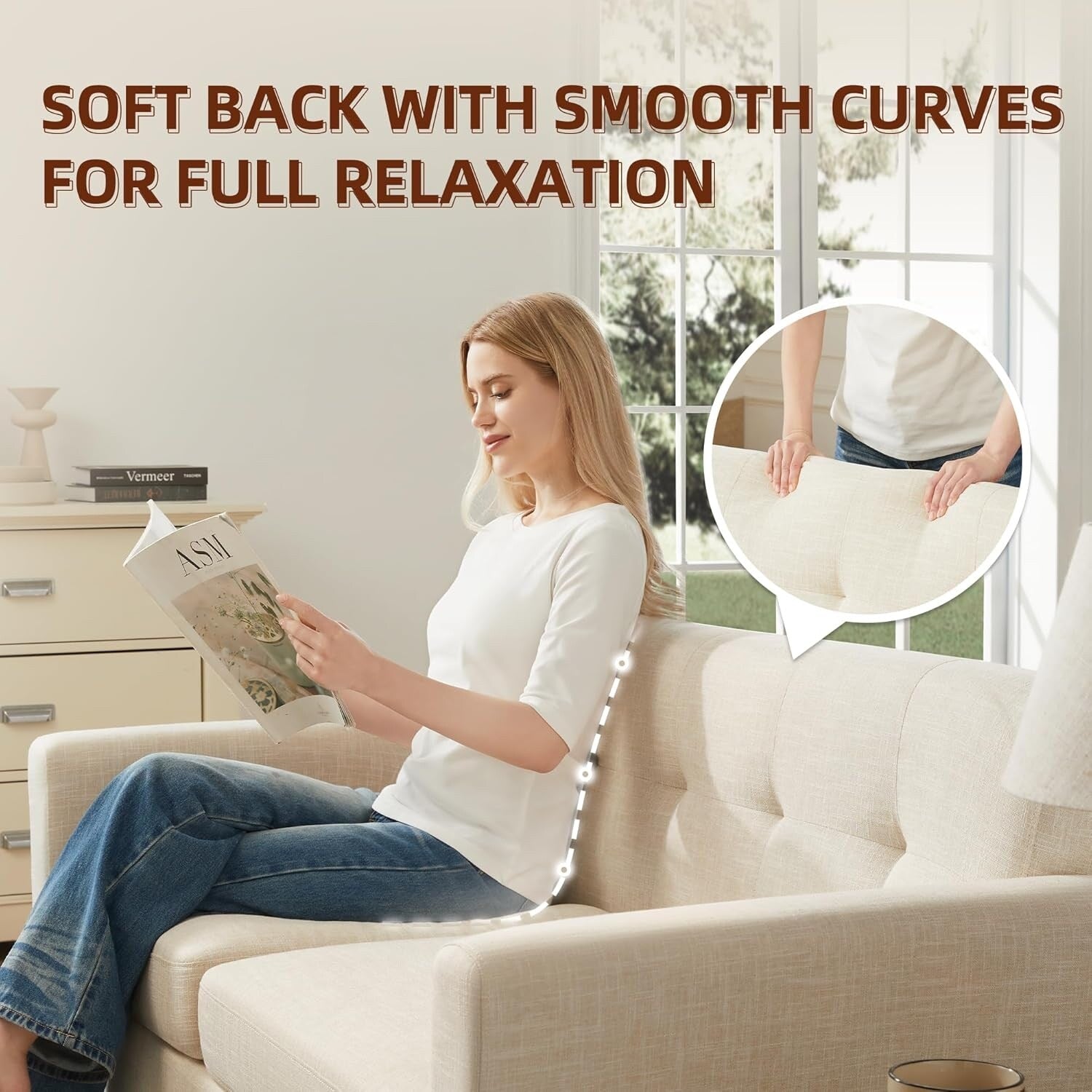 Canapé d'angle capitonné style Mid-Century 65,2 po pour salon et chambre, montage facile (beige)