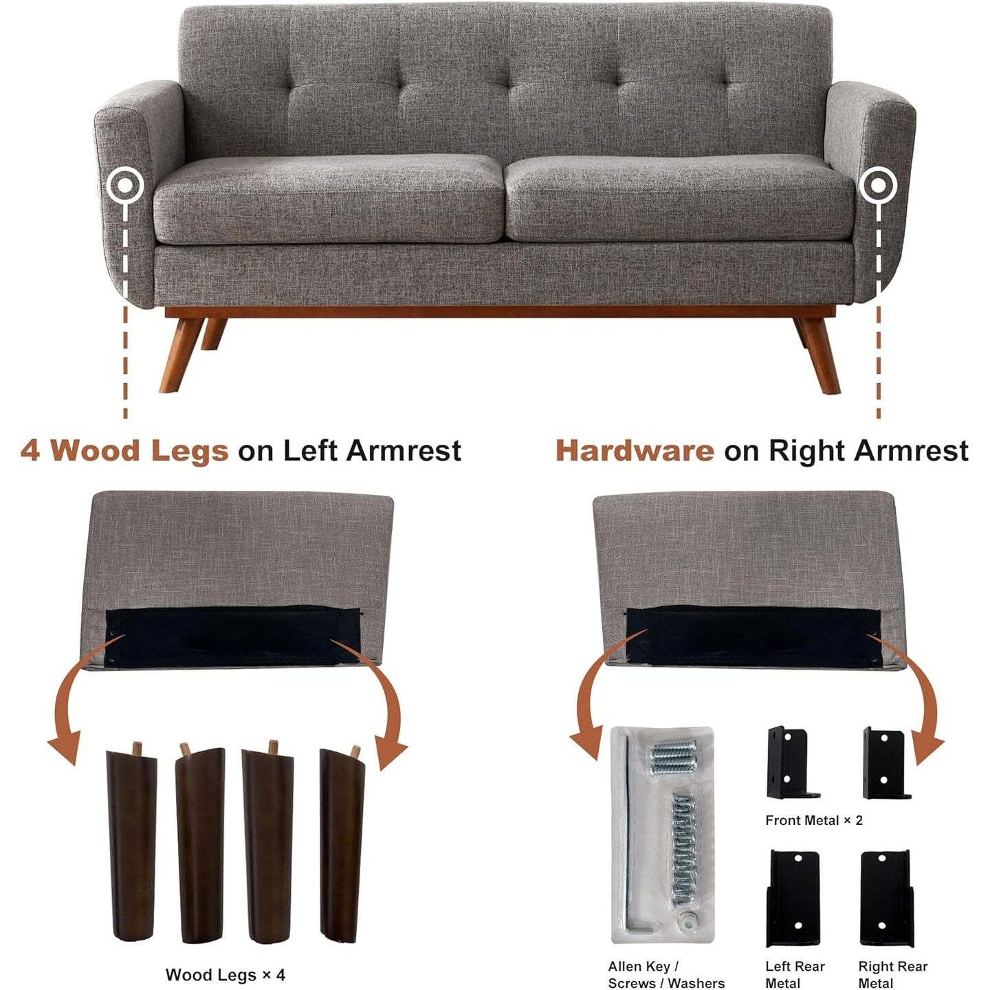 Canapé d'angle capitonné style Mid-Century 65,2 po pour salon et chambre, montage facile (beige)