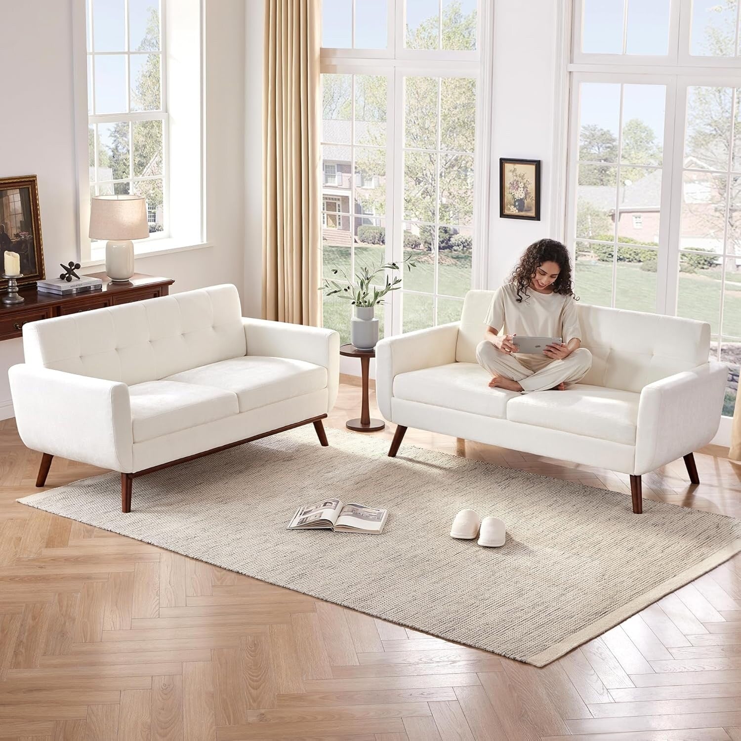 Canapé d'angle capitonné style Mid-Century 65,2 po pour salon et chambre, montage facile (beige)