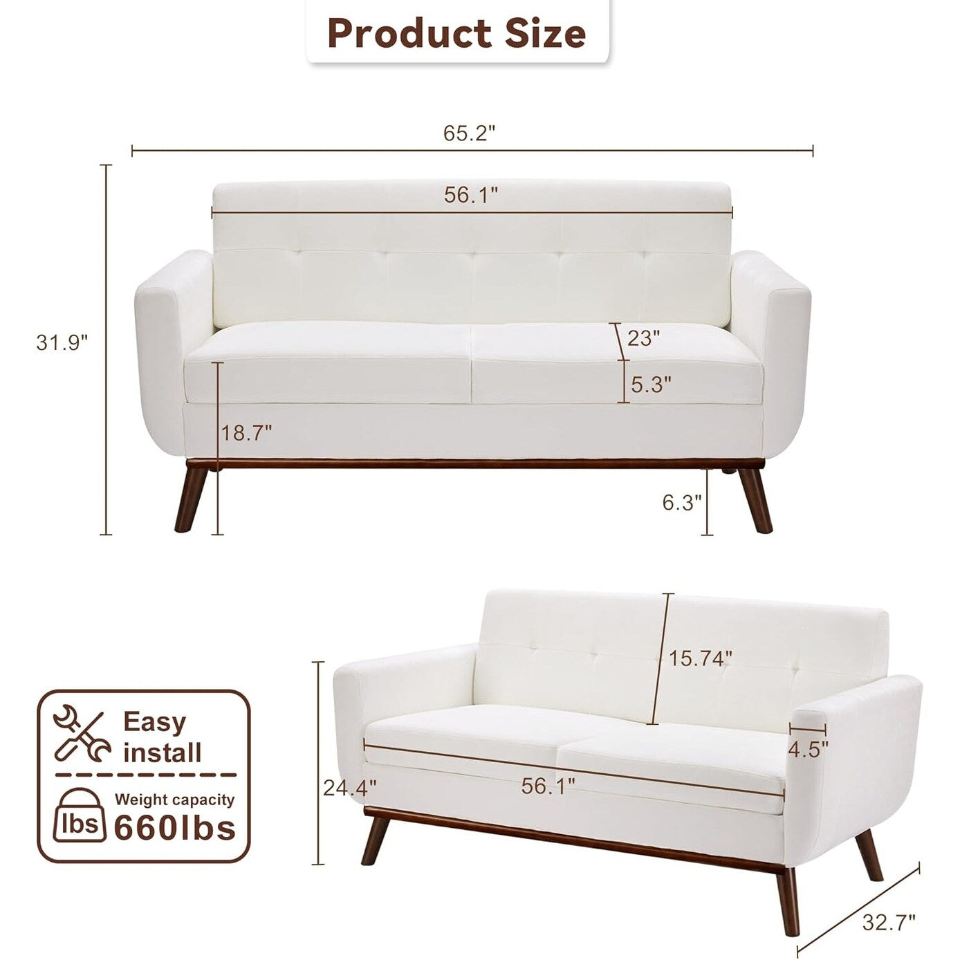 Canapé d'angle capitonné style Mid-Century 65,2 po pour salon et chambre, montage facile (beige)