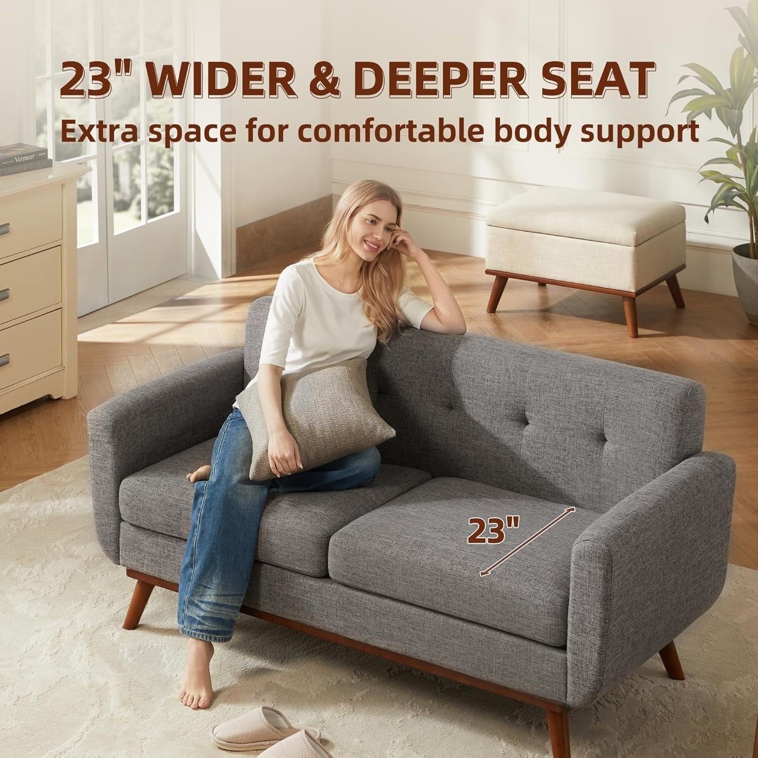 Canapé d'angle capitonné style Mid-Century 65,2 po pour salon et chambre, montage facile (beige)