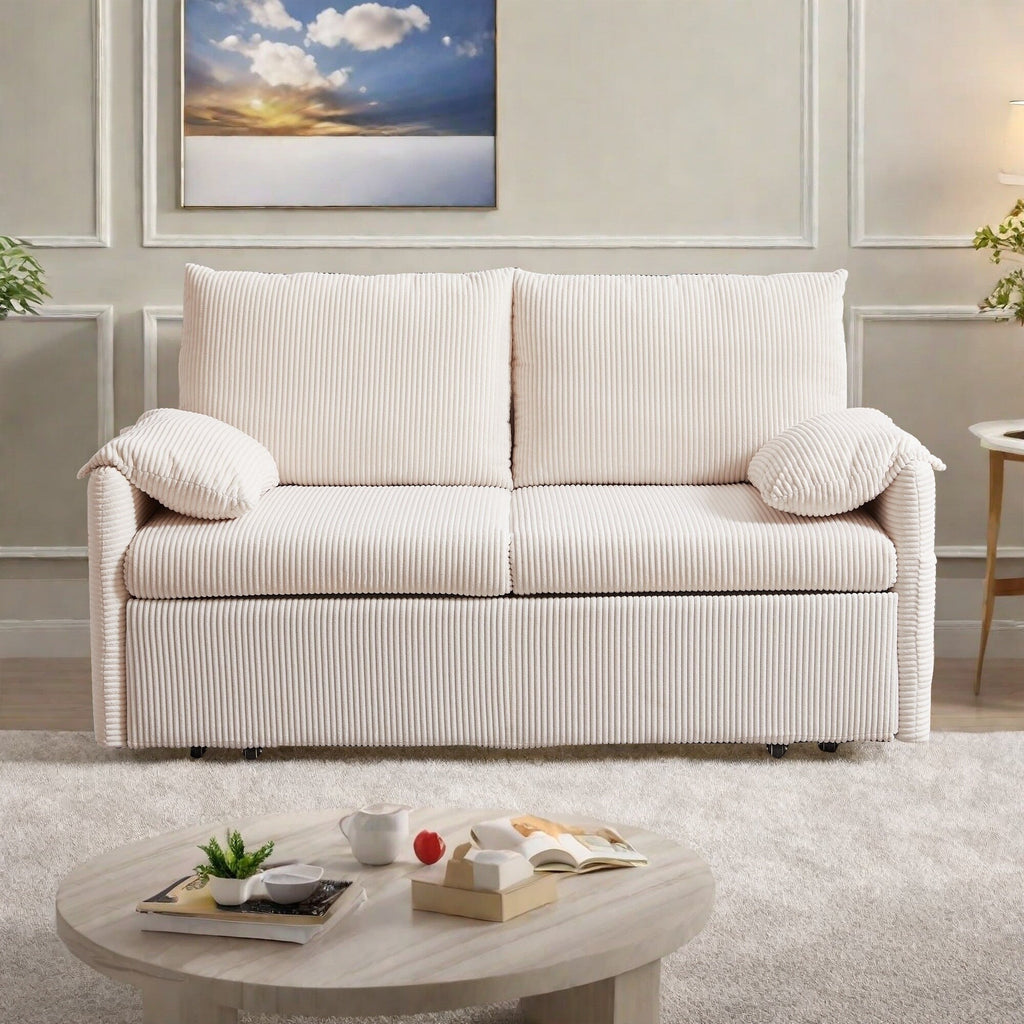 Canapé-lit 3 en 1 2 places en velours côtelé avec poche de rangement latérale et coussins en éponge haute densité