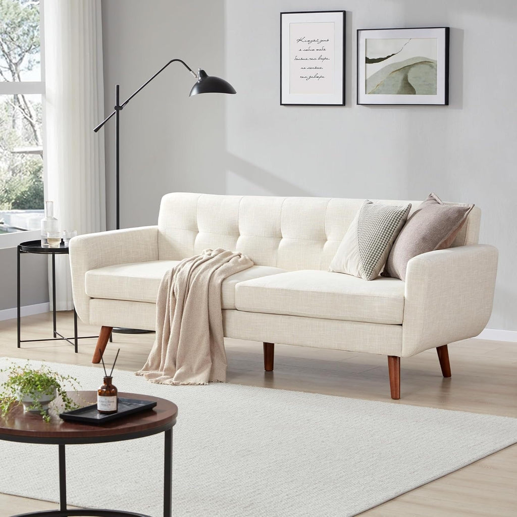 Canapé causeuse 65 pouces style milieu du siècle - Petit canapé capitonné et rembourré pour salon et chambre, montage facile, beige