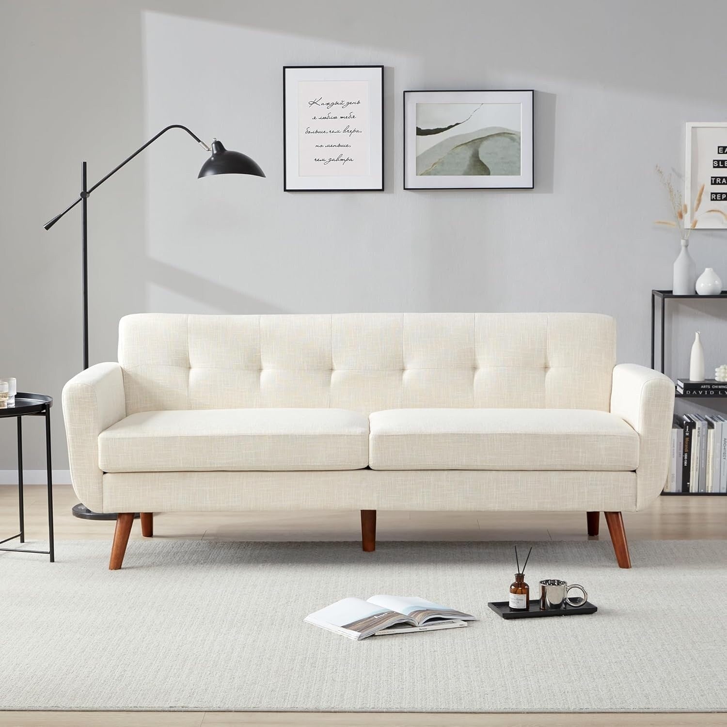 Canapé causeuse 65 pouces style milieu du siècle - Petit canapé capitonné et rembourré pour salon et chambre, montage facile, beige