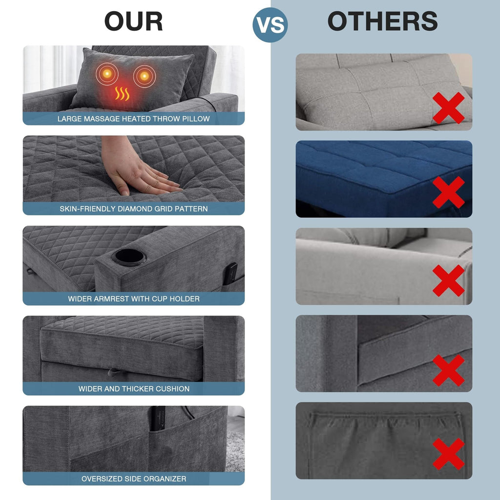 Canapé-lit 2 places en métal 66,93 $, avec coussin chauffant et massant, rangement dissimulé et porte-gobelets