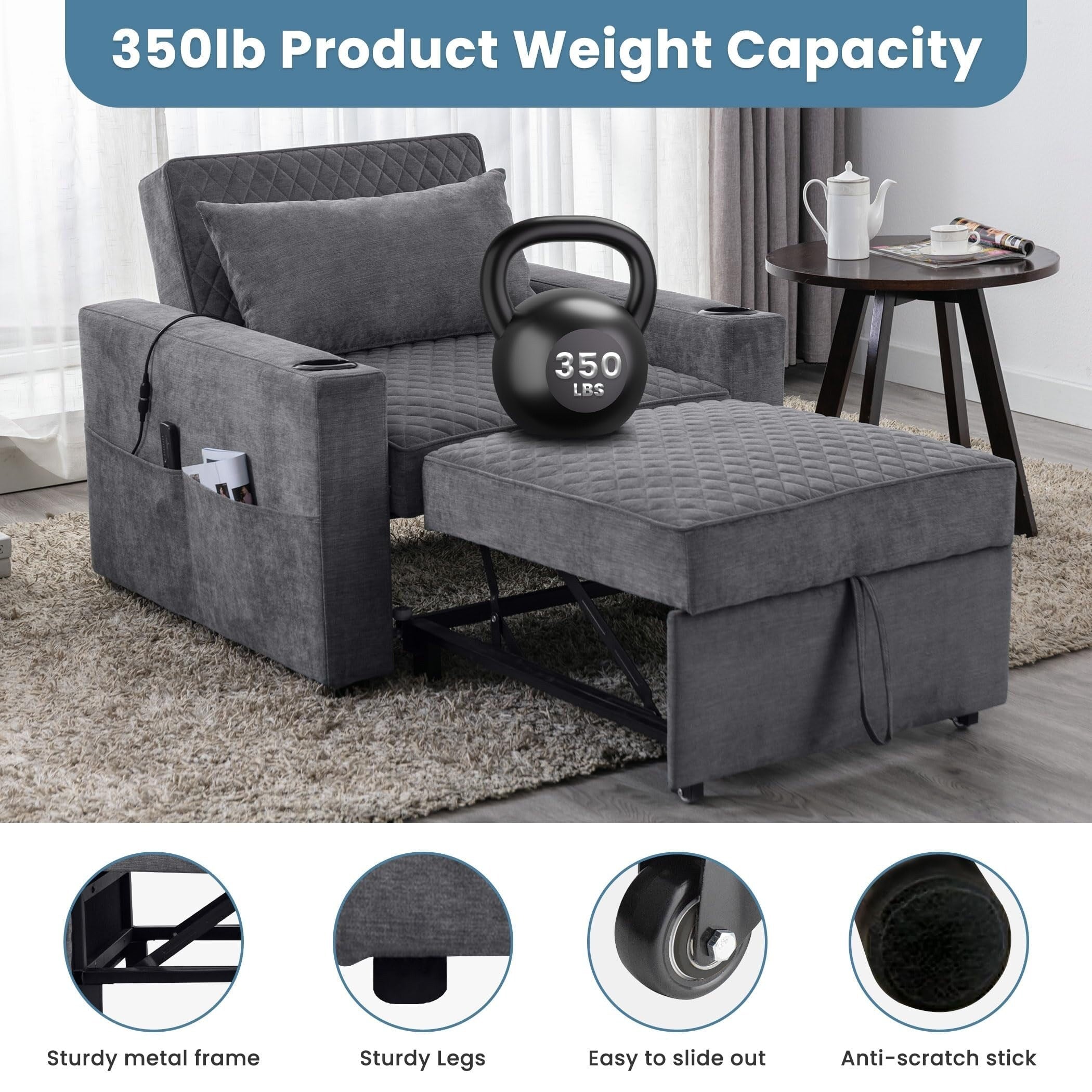 Canapé-lit 2 places en métal 66,93 $, avec coussin chauffant et massant, rangement dissimulé et porte-gobelets