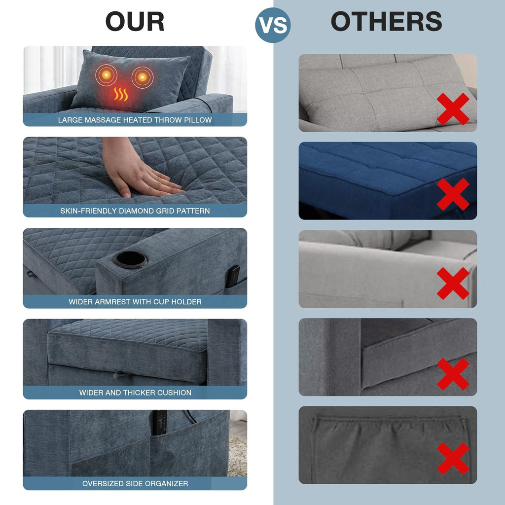 Canapé-lit 2 places en métal 66,93 $, avec coussin chauffant et massant, rangement dissimulé et porte-gobelets