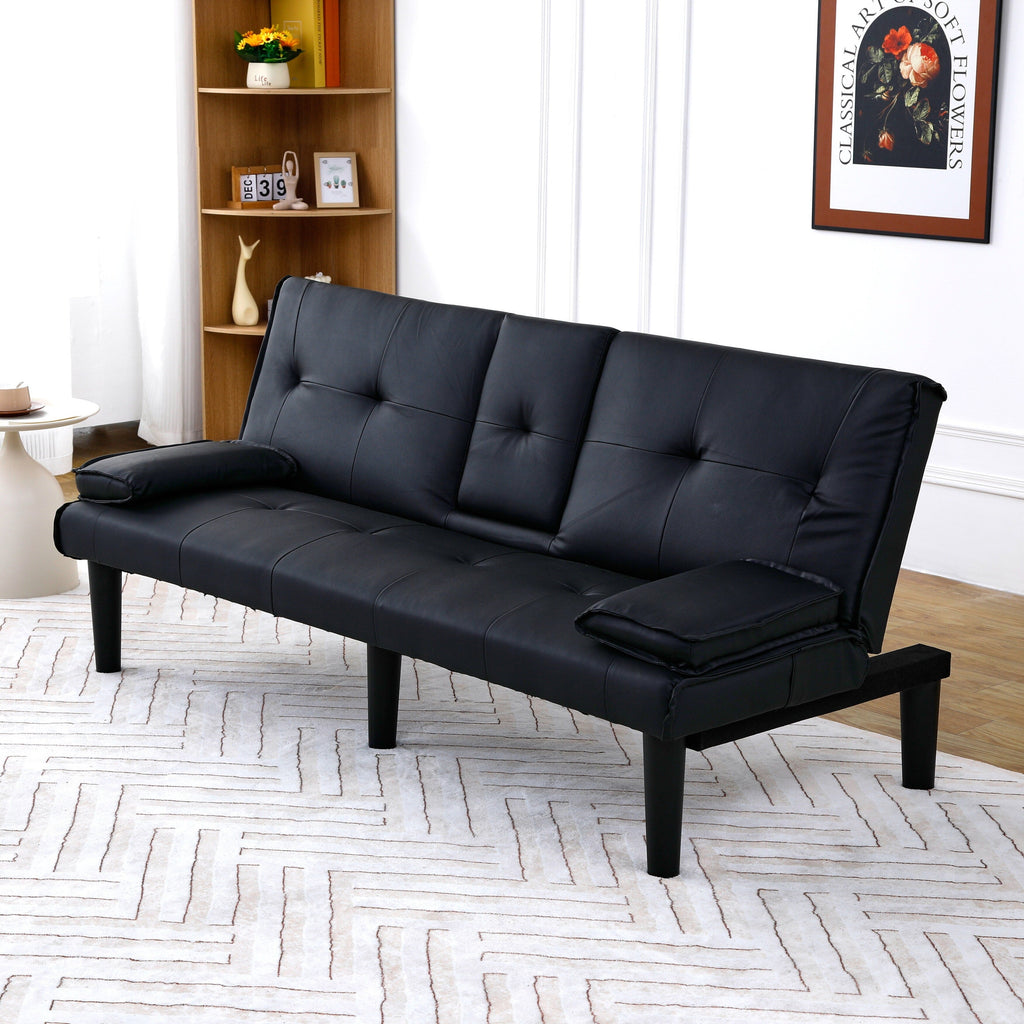 Canapé-lit pliable en PVC noir de 67 pouces avec porte-gobelet pour salon, chambre d'amis, dortoir, bureau