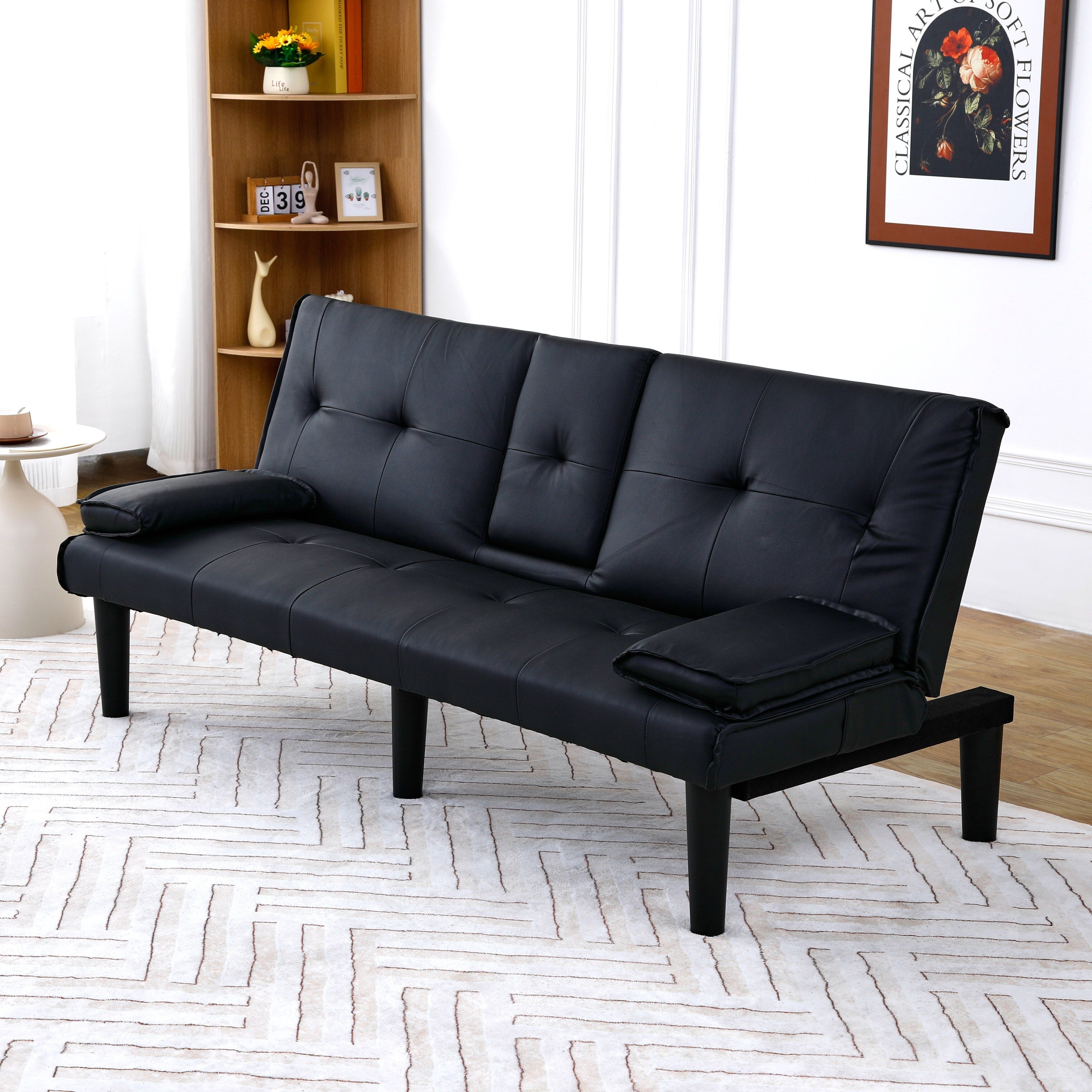 Canapé-lit pliable en PVC noir de 67 pouces avec porte-gobelet pour salon, chambre d'amis, dortoir, bureau