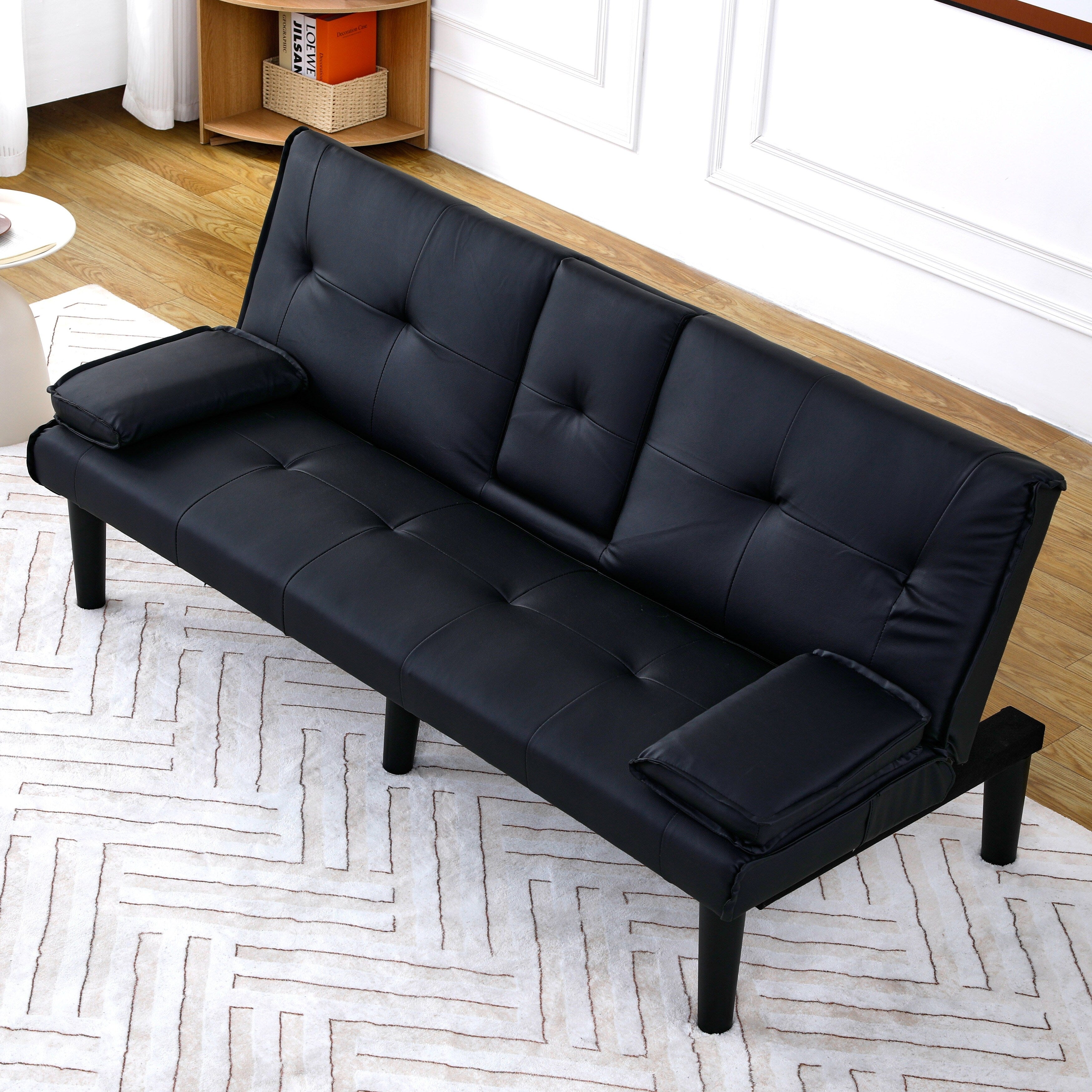 Canapé-lit pliable en PVC noir de 67 pouces avec porte-gobelet pour salon, chambre d'amis, dortoir, bureau