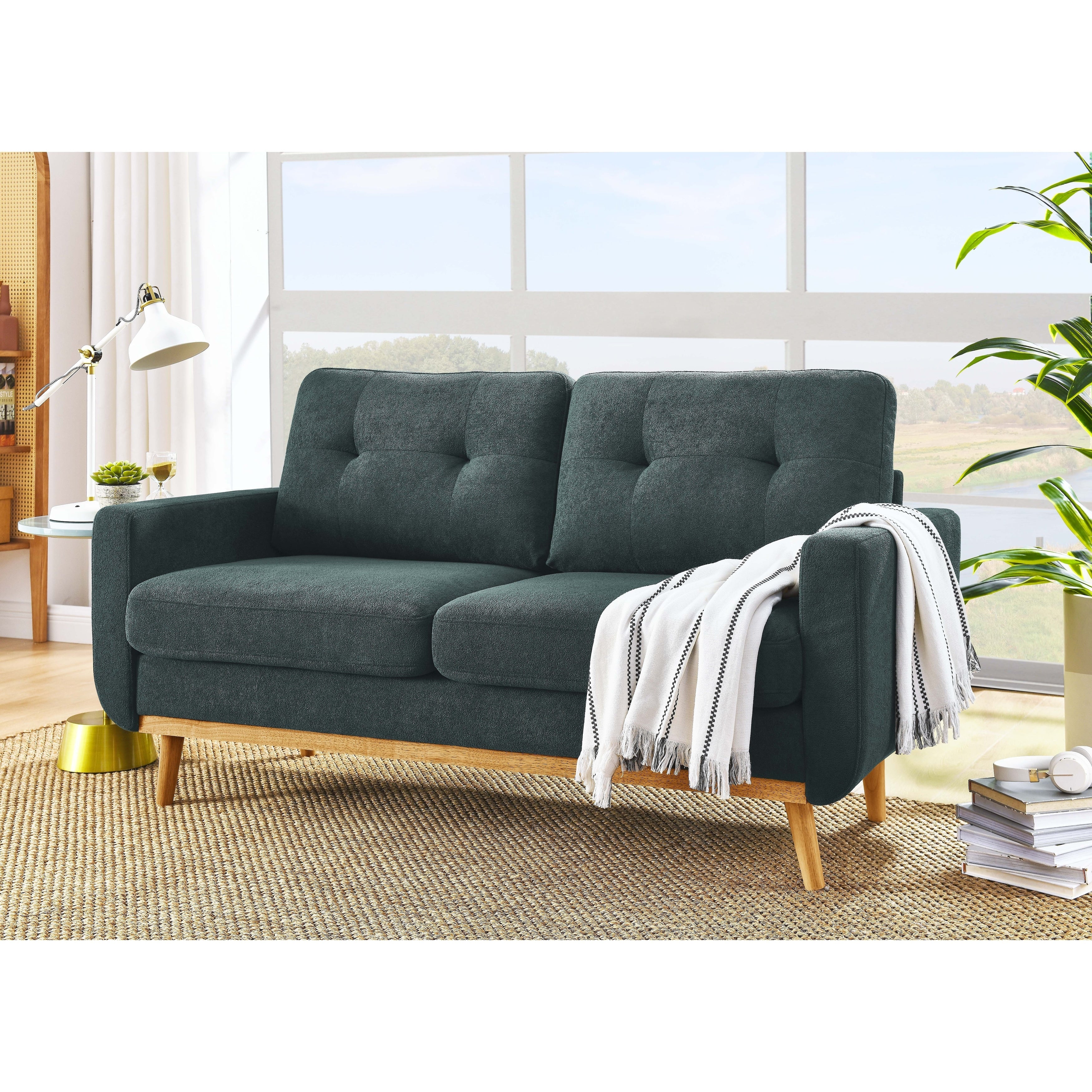 Causeuse capitonnée style milieu de siècle avec pieds en bois - 29,5 po x 67,7 po x 34,6 po