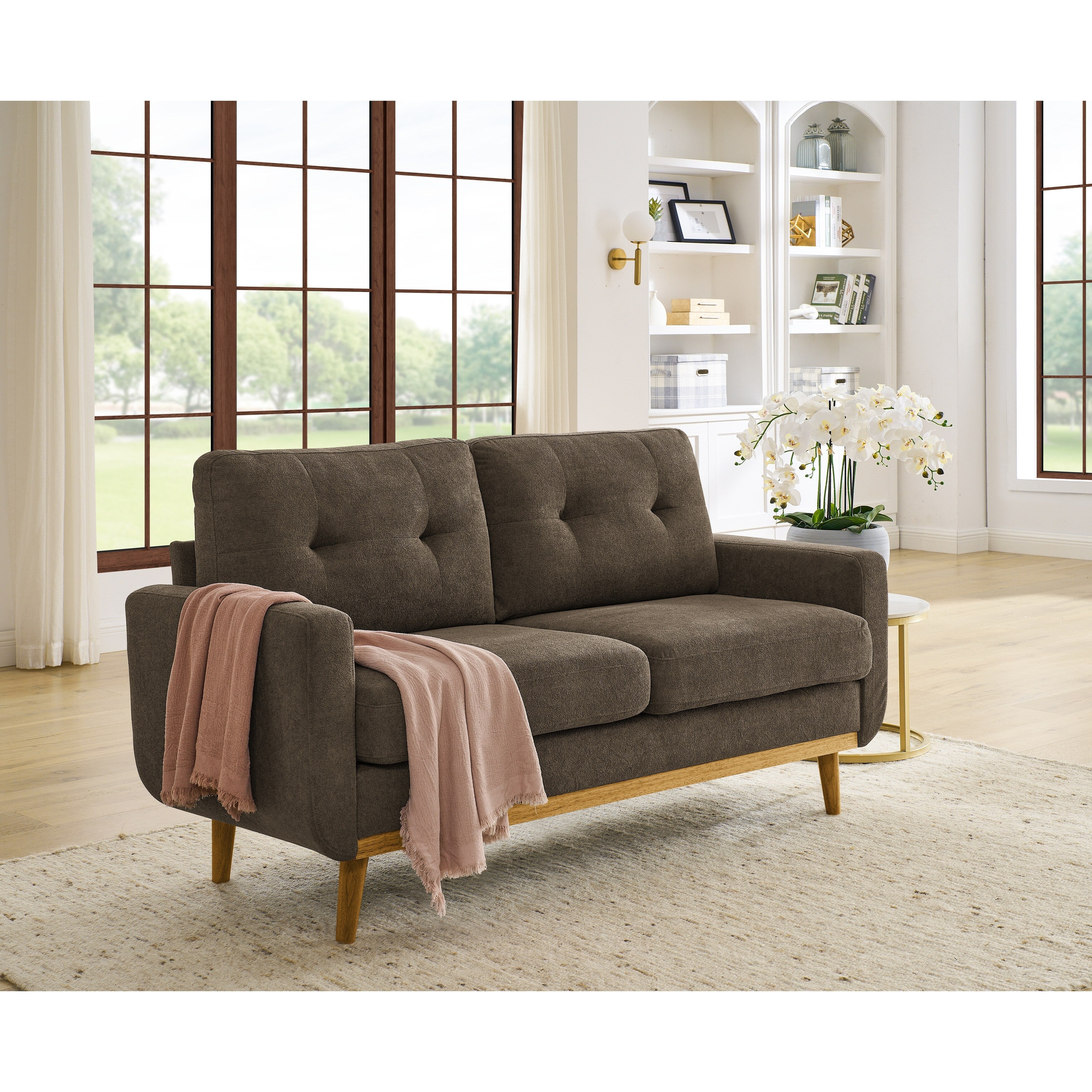 Causeuse capitonnée style milieu de siècle avec pieds en bois - 29,5 po x 67,7 po x 34,6 po