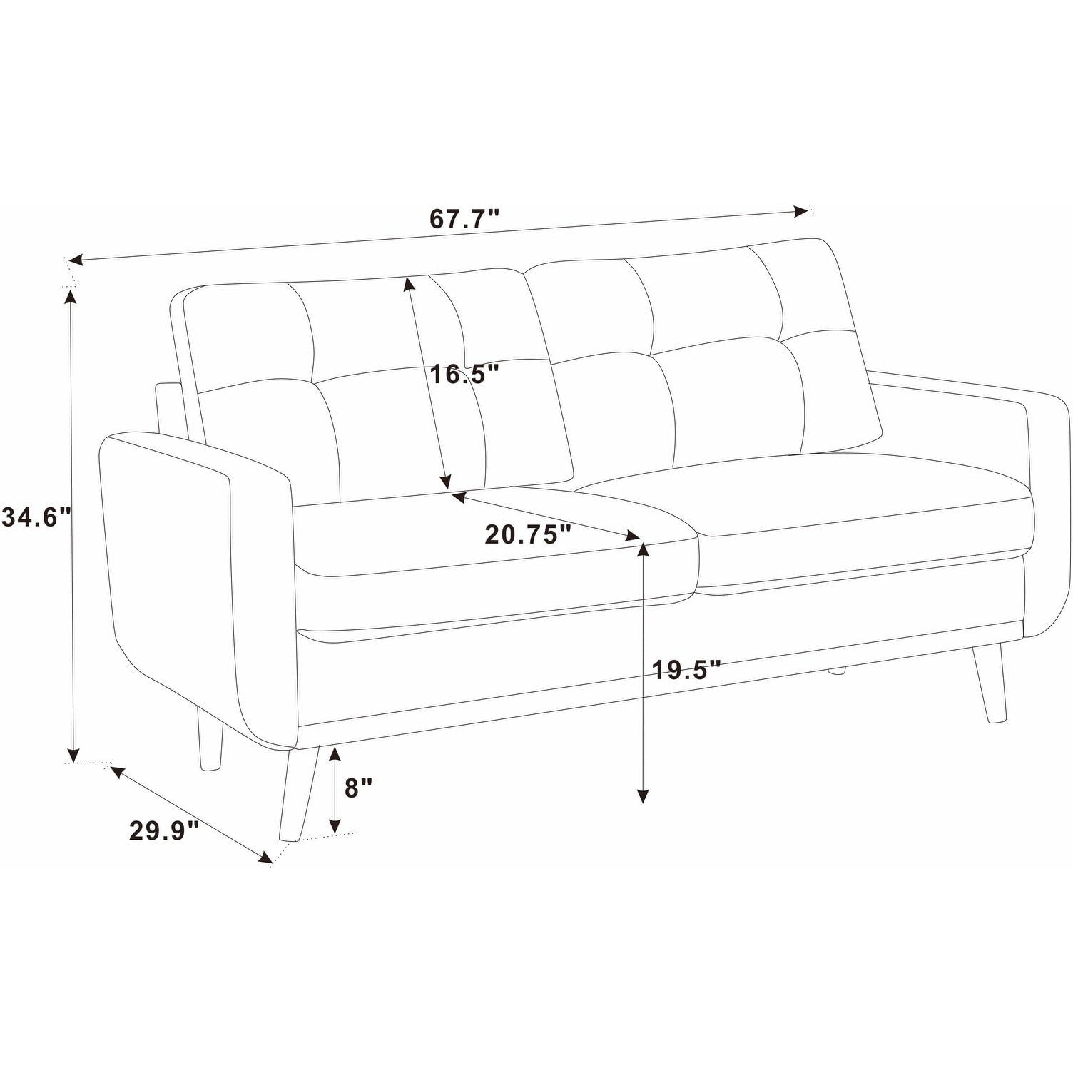 Canapé causeuse capitonné moderne du milieu du siècle de 67,7 po de large avec pieds en bois
