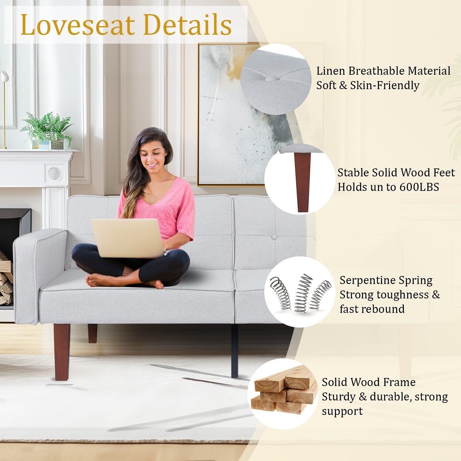 Canapé-lit convertible double de 68 po avec dossier capitonné réglable, 5 couleurs en option – 22,44 po P x 68,11 po L x 28,74 po H