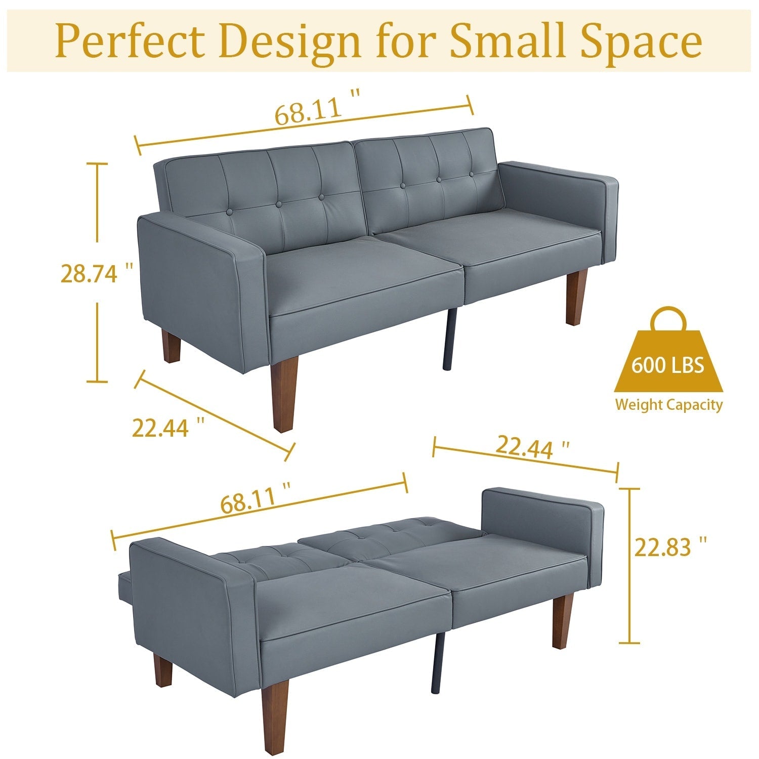 Canapé-lit convertible double de 68 po avec dossier capitonné réglable, 5 couleurs en option – 22,44 po P x 68,11 po L x 28,74 po H