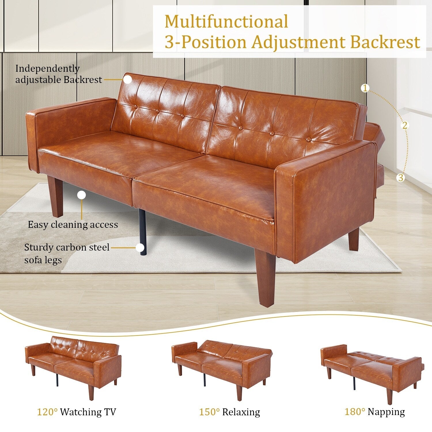 Canapé-lit convertible double de 68 po avec dossier capitonné réglable, 5 couleurs en option – 22,44 po P x 68,11 po L x 28,74 po H