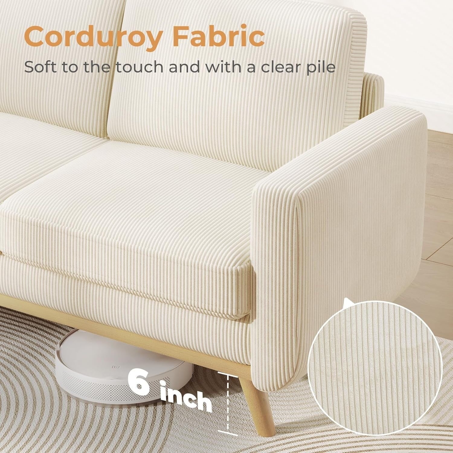 Canapé causeuse en velours côtelé vert 68 pouces - Coussin à ressorts confortable et structure en bois massif, assise profonde moderne pour salon et bureau