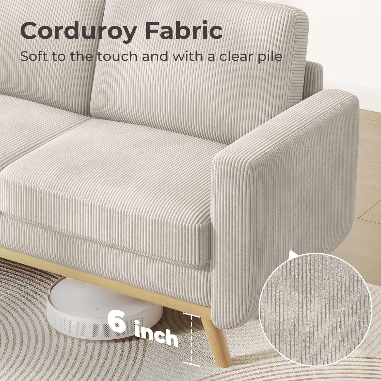 Canapé causeuse en velours côtelé vert 68 pouces - Coussin à ressorts confortable et structure en bois massif, assise profonde moderne pour salon et bureau