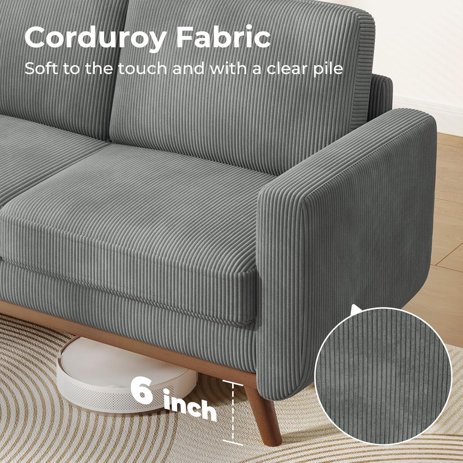 Canapé causeuse en velours côtelé vert 68 pouces - Coussin à ressorts confortable et structure en bois massif, assise profonde moderne pour salon et bureau