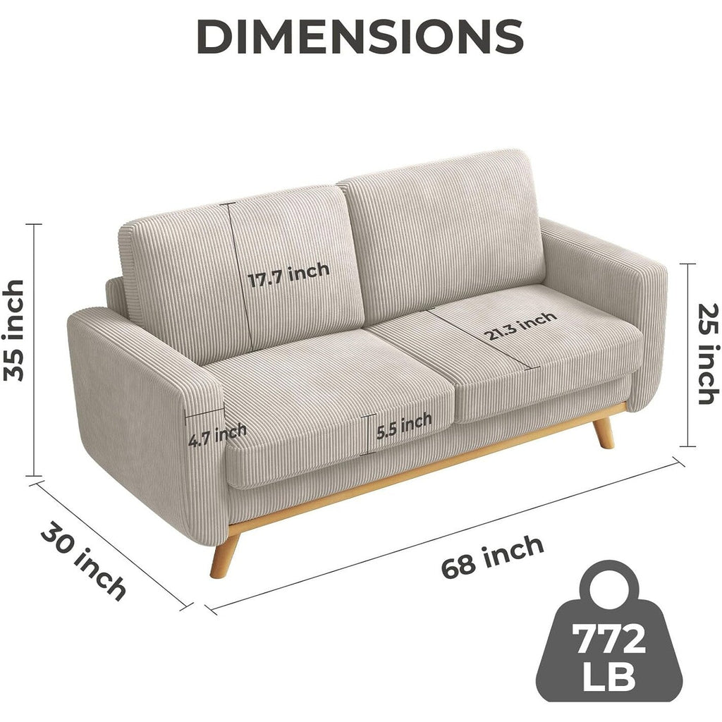 Canapé causeuse en velours côtelé vert 68 pouces - Coussin à ressorts confortable et structure en bois massif, assise profonde moderne pour salon et bureau