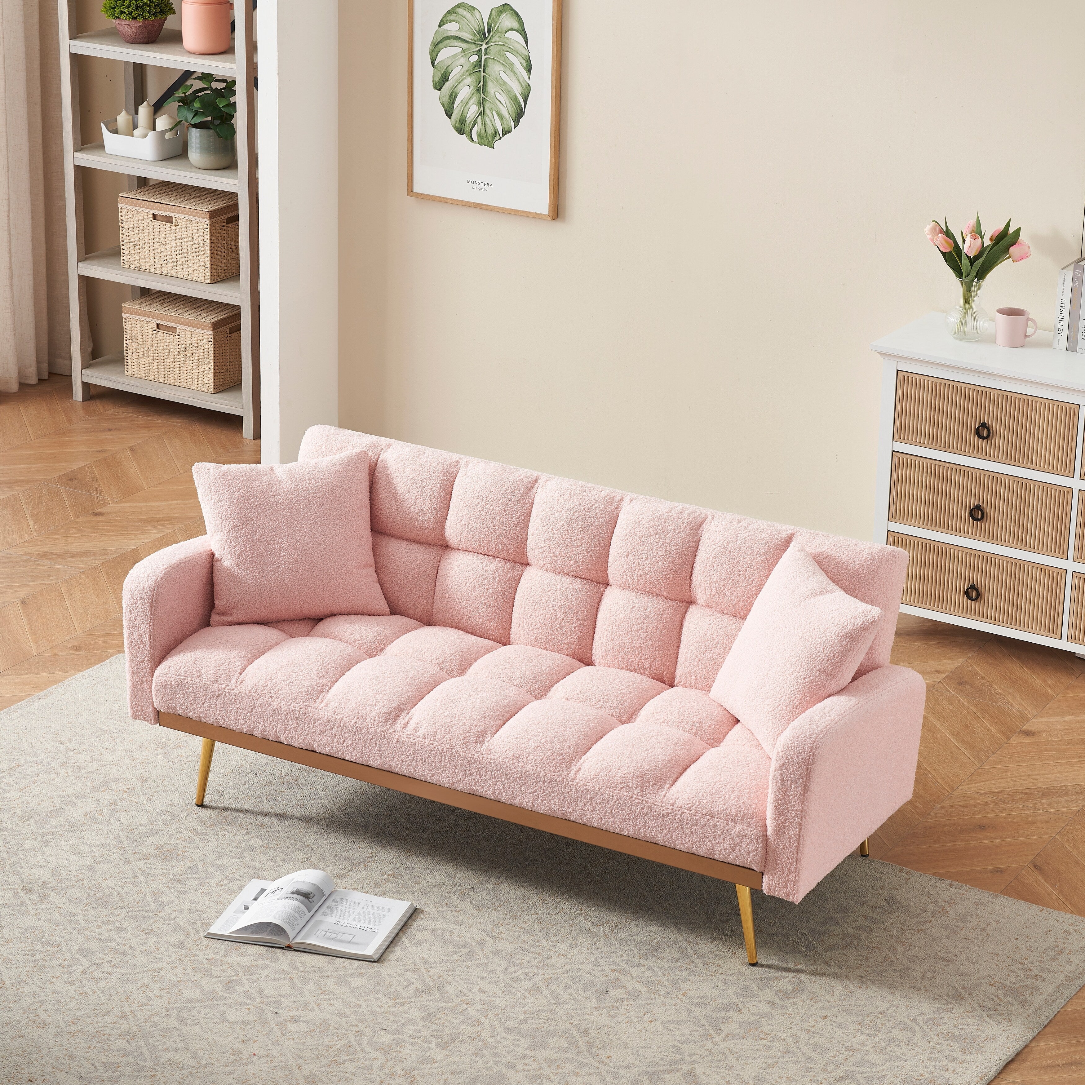 Canapé-lit rose de 175 cm avec canapé Teddy réglable pour petits espaces, salon et chambre