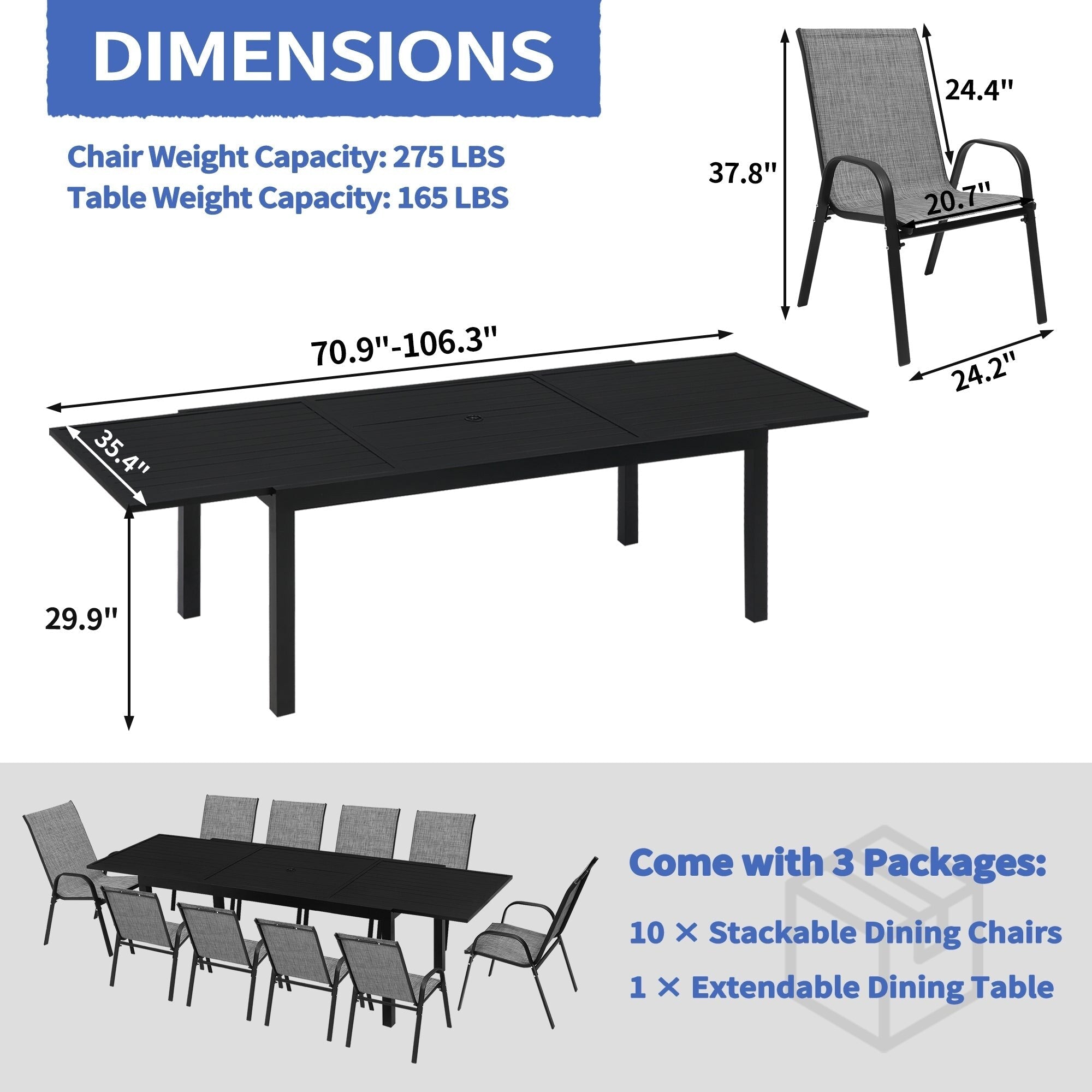 Ensemble de salle à manger de patio 7/11 pièces avec table à manger rectangulaire extensible en aluminium et 6/10 chaises en textilène