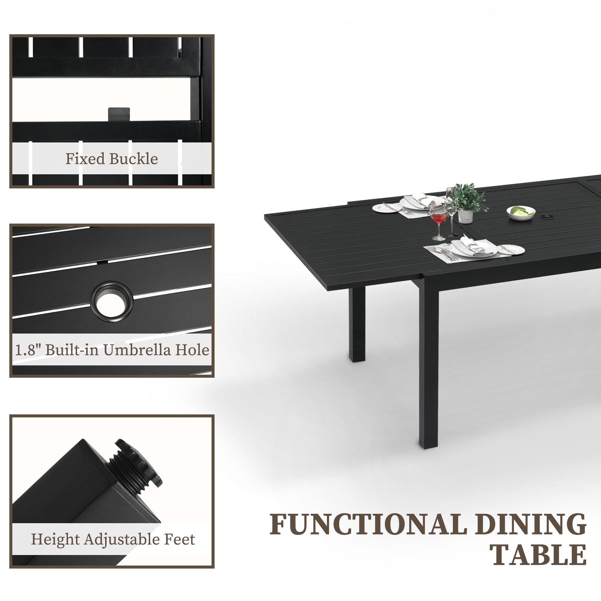 Ensemble de salle à manger de patio 7/11 pièces avec table à manger rectangulaire extensible en aluminium et 6/10 chaises en textilène