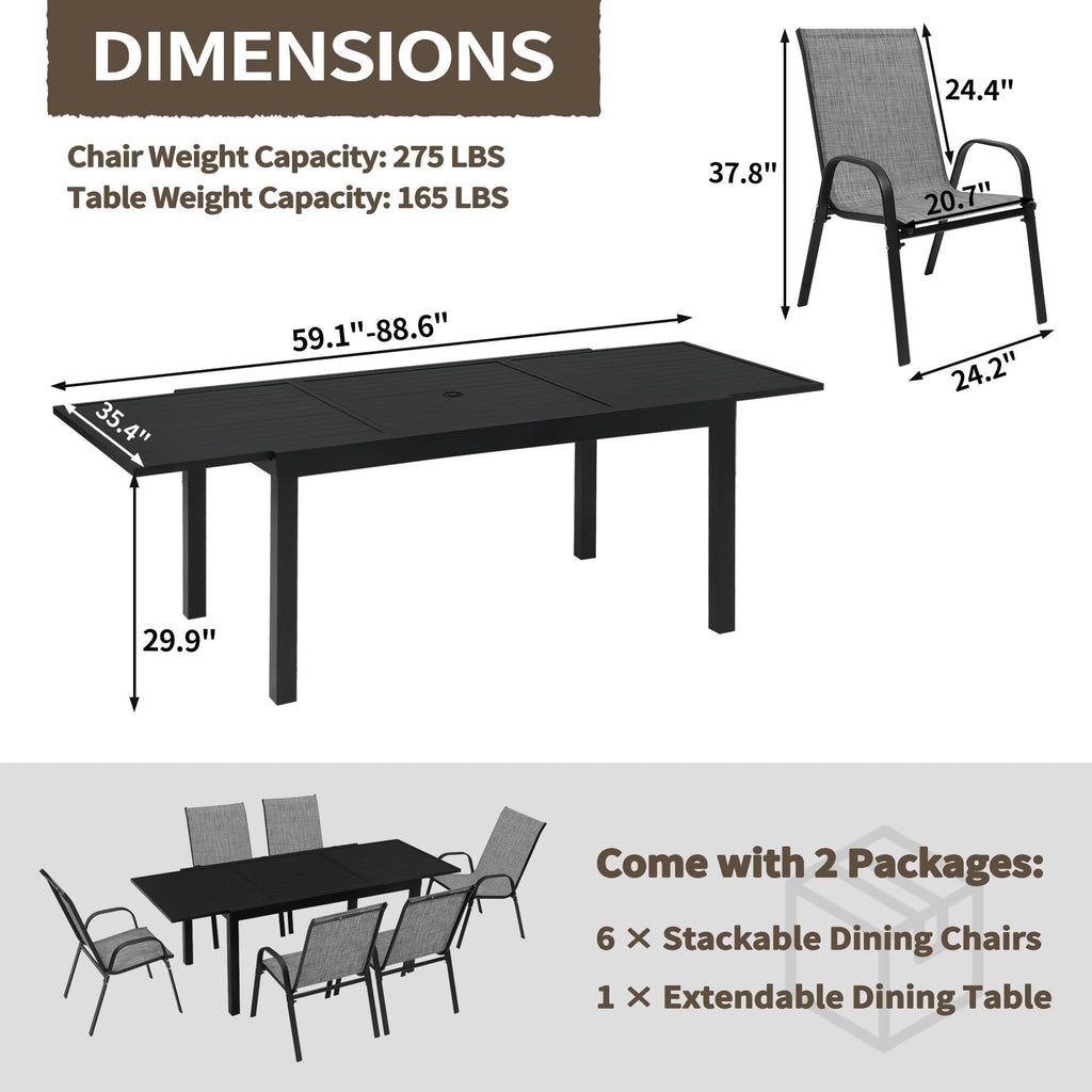 Ensemble de salle à manger de patio 7/11 pièces avec table à manger rectangulaire extensible en aluminium et 6/10 chaises en textilène
